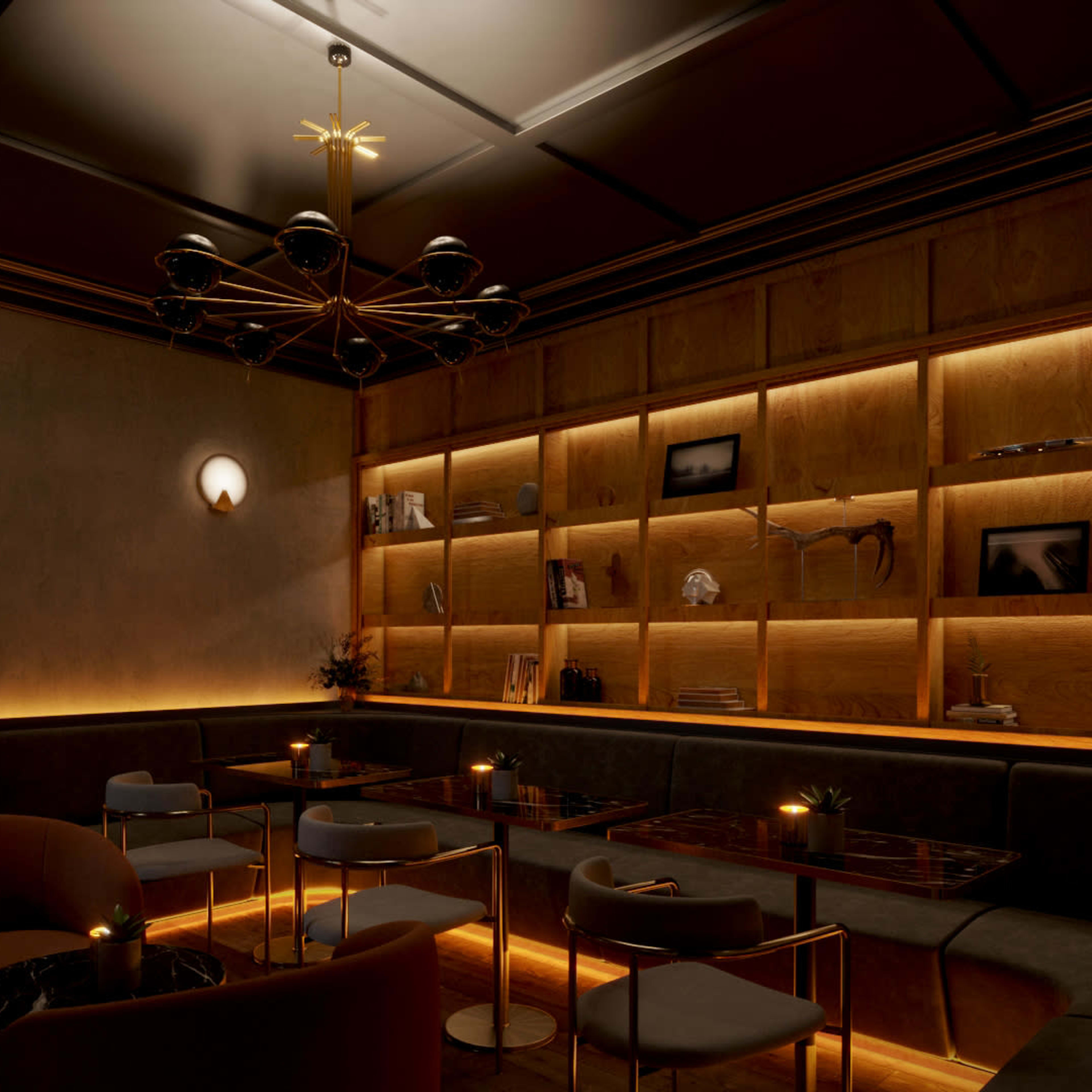 A cozy lounge features illuminated shelves with decorative items and comfortable seating arranged around small tables.