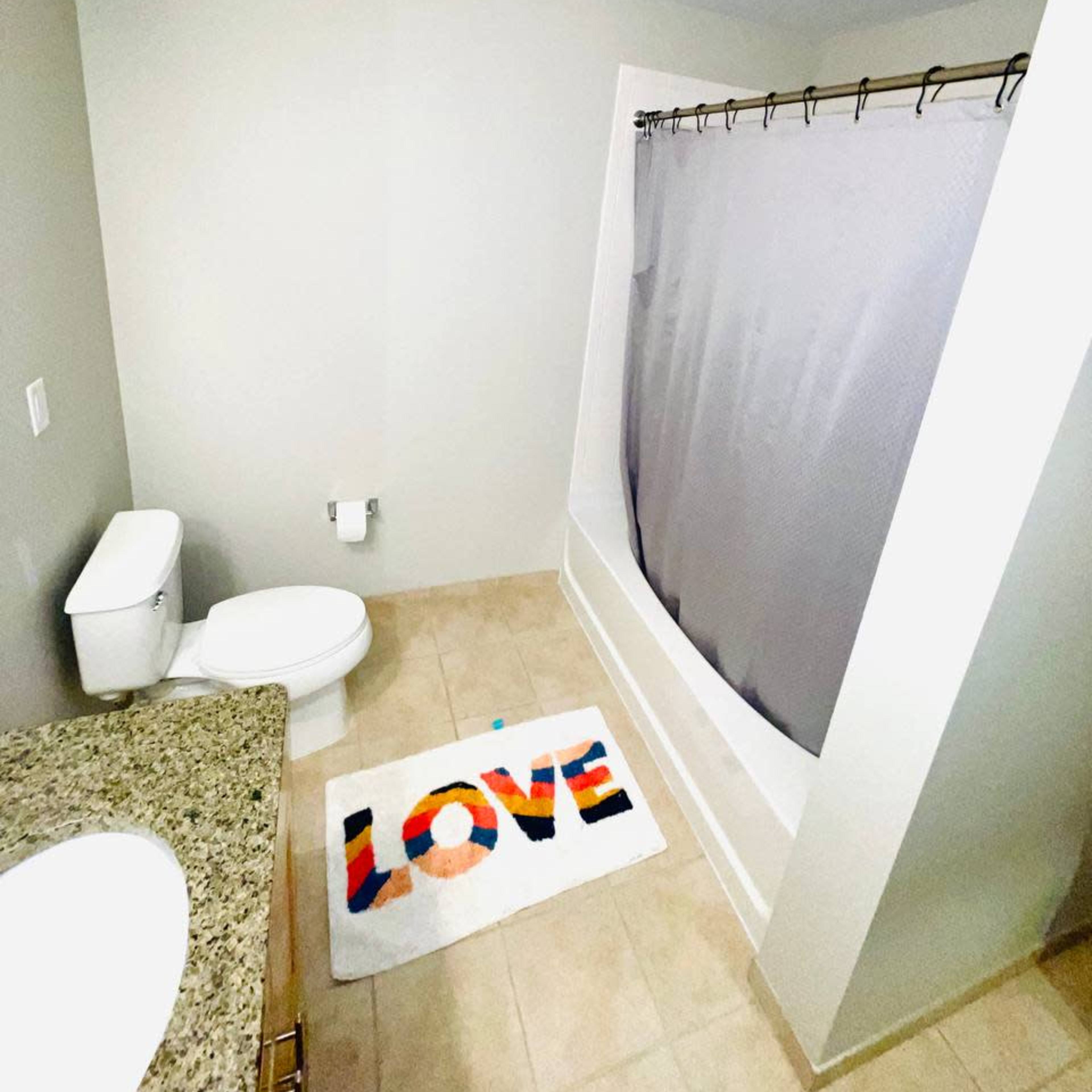 A bathroom featuring a shower with a gray curtain, a toilet, a sink with a granite countertop, and a rug with the word "LOVE" in colorful letters.