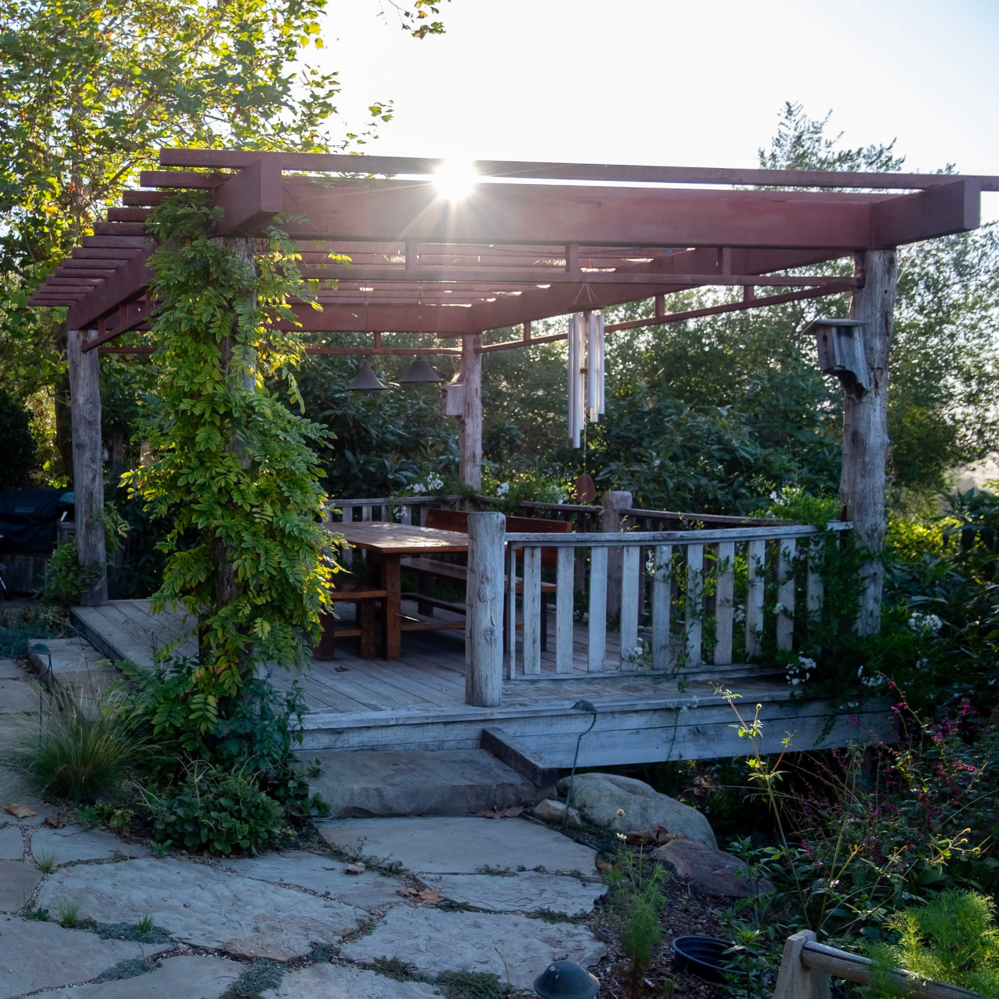 A sunlit patio with a wooden pergola is surrounded by greenery and stone pathways leading to a rustic building.
