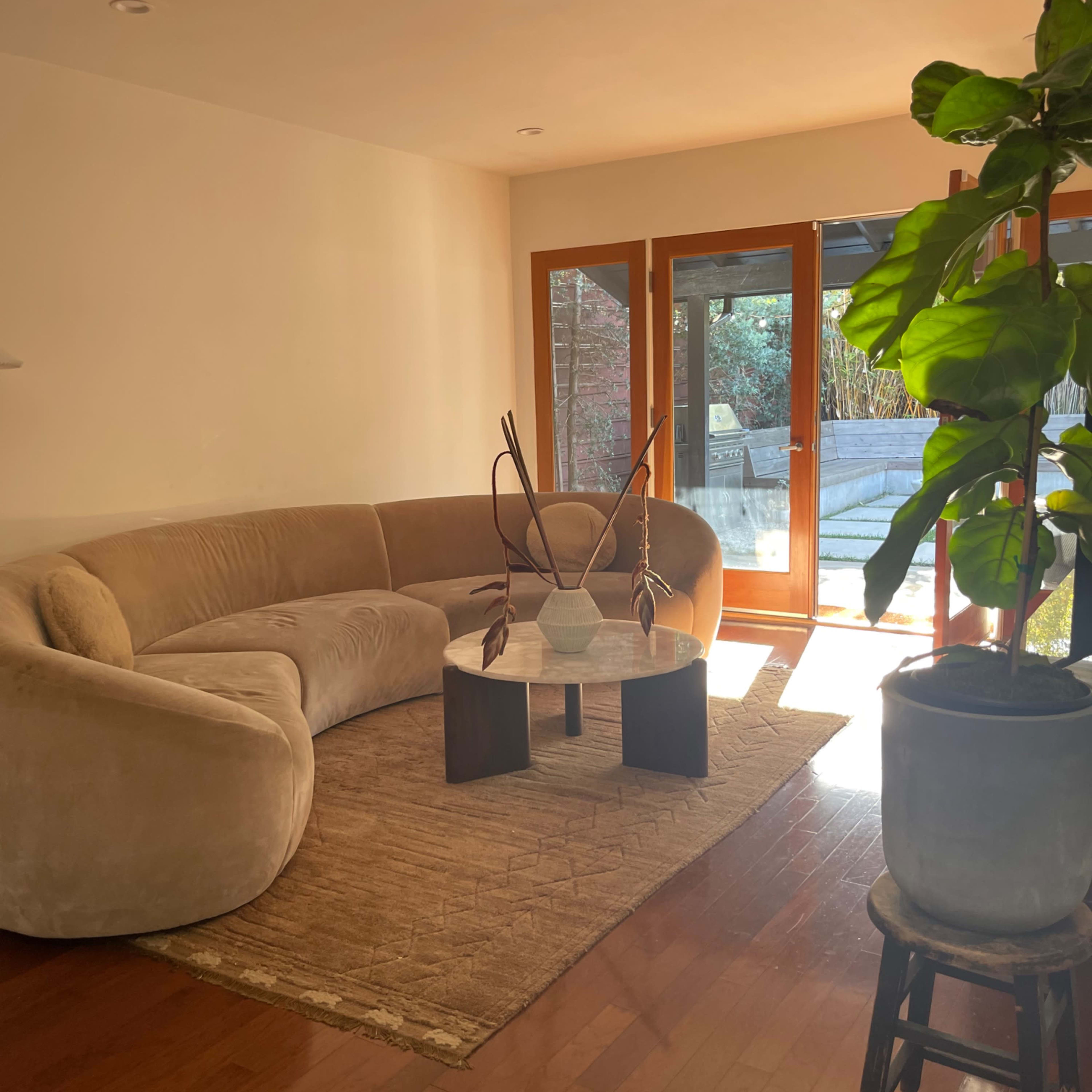 A plush, curved sofa and a wooden coffee table are positioned on a textured rug in a well-lit living room, with large windows providing a view of the outdoors.