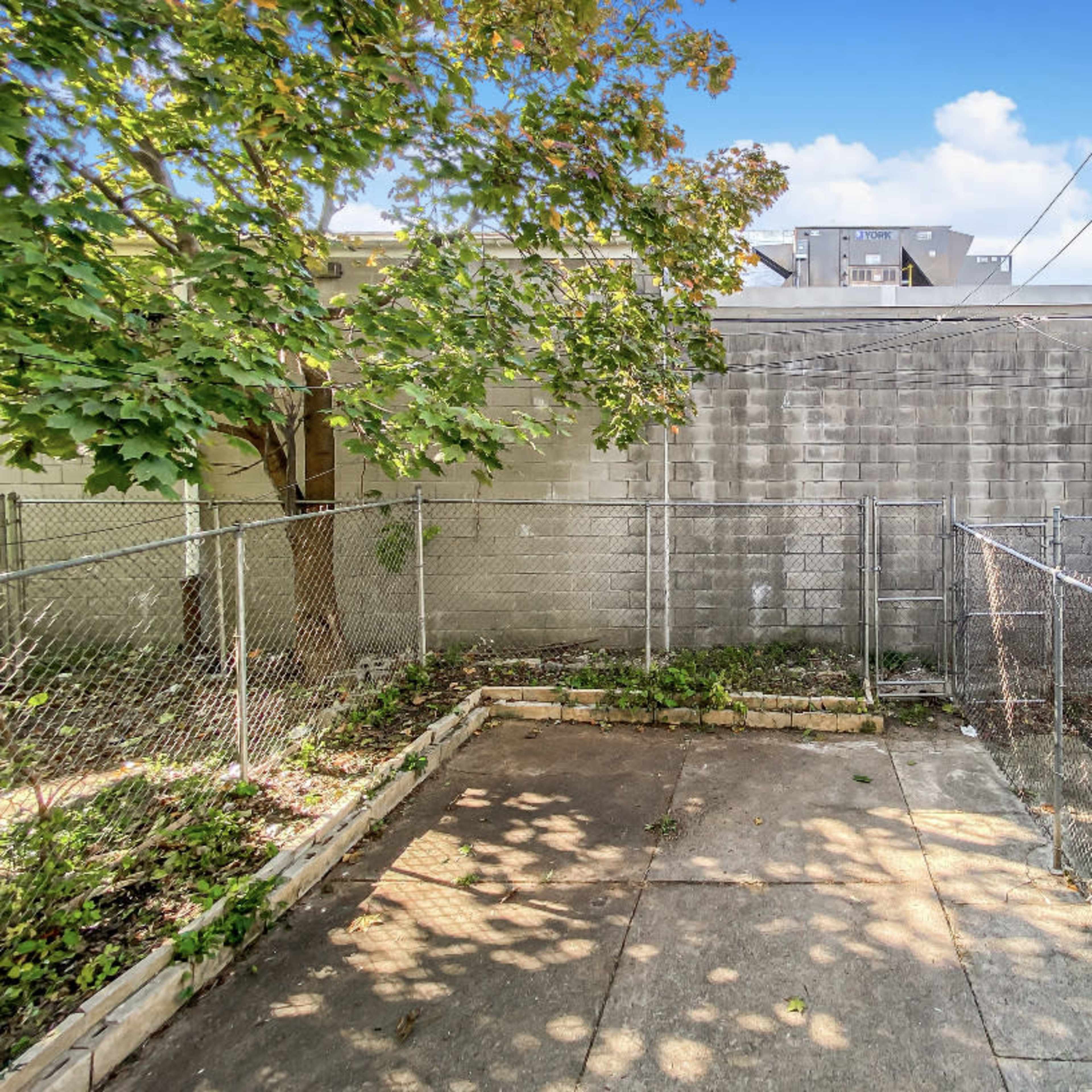 A fenced outdoor area with a concrete surface and a wall in the background, partially shaded by a tree.