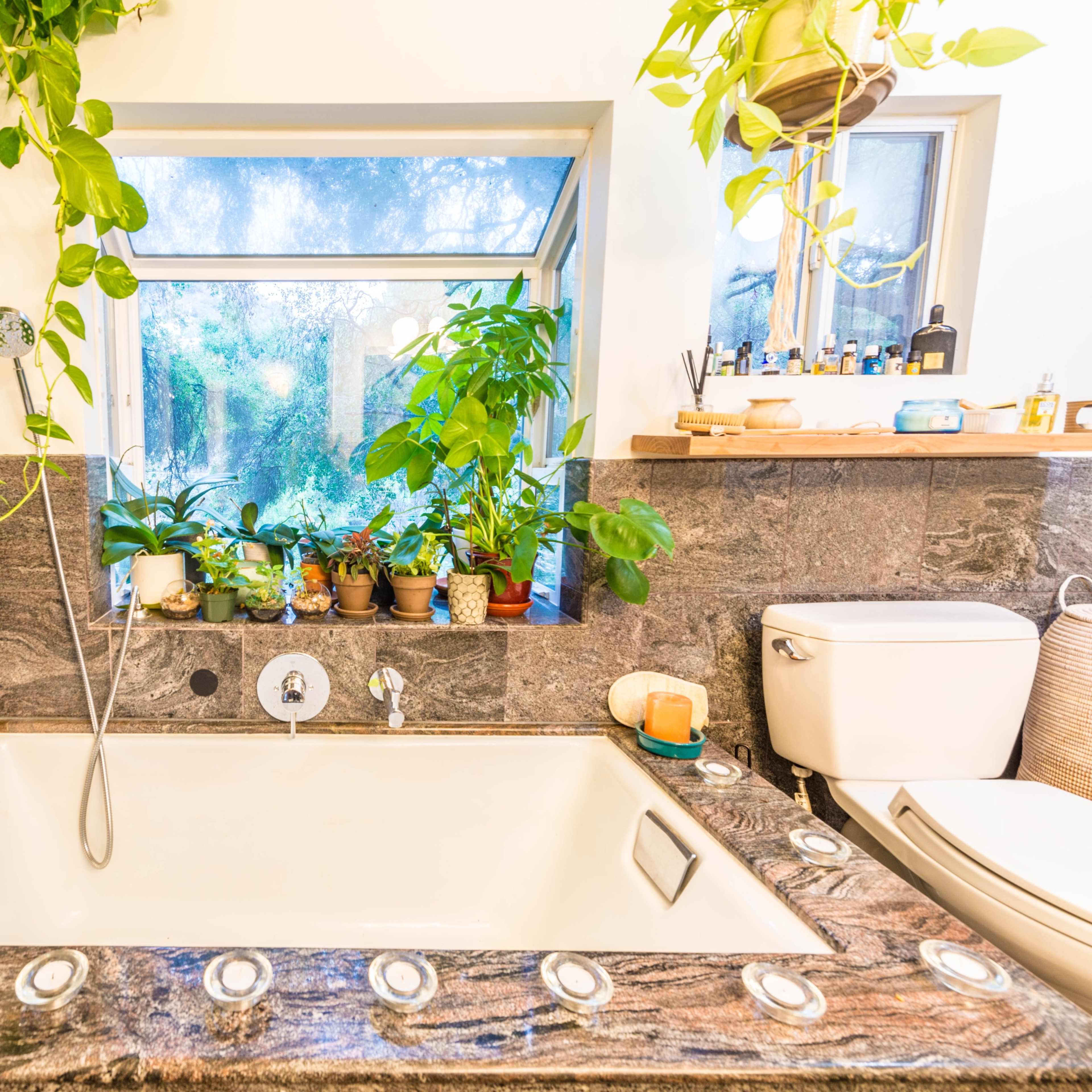A modern bathroom featuring a stone bathtub surrounded by plants and natural light streaming through a large window.