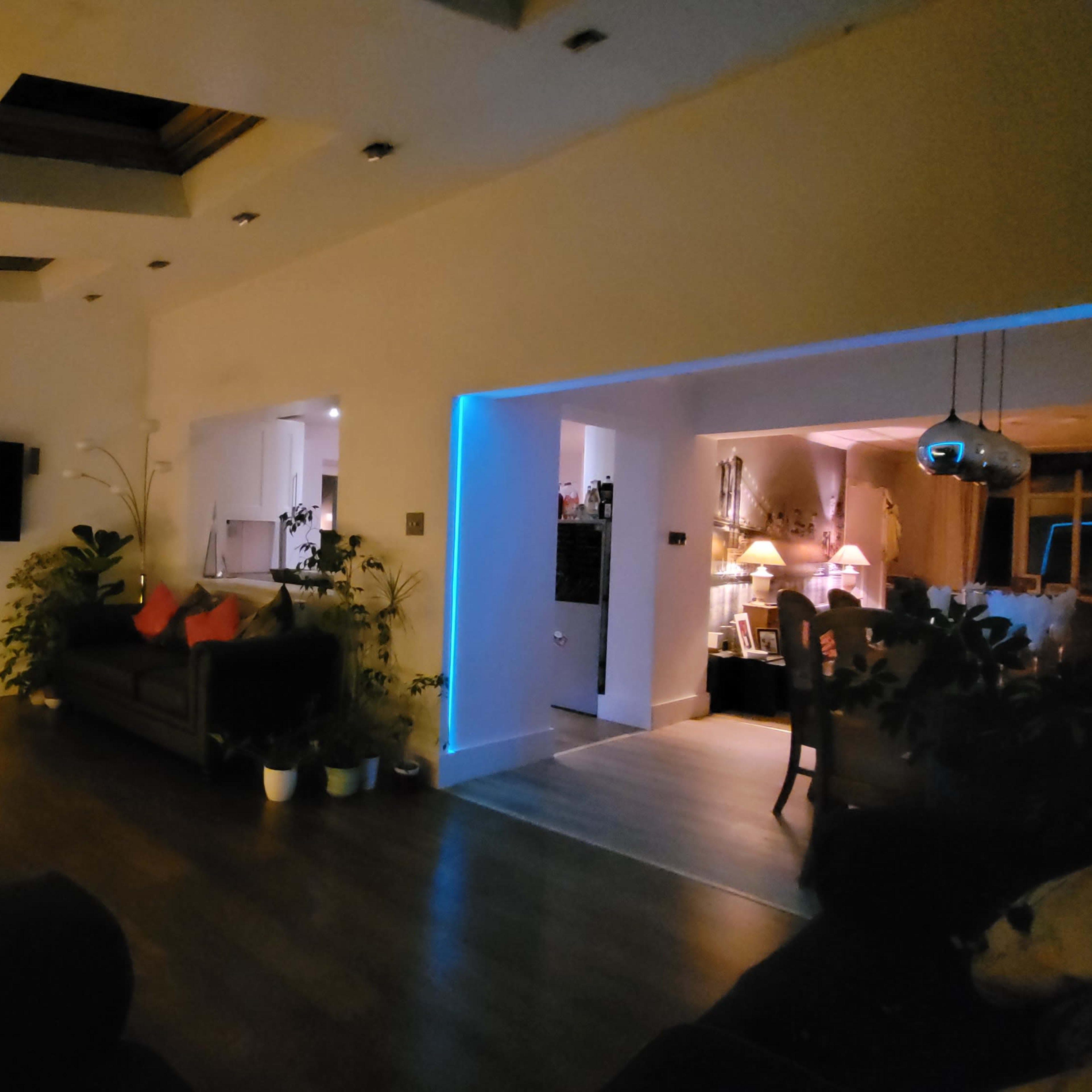 A spacious living area with a television, plants, and various seating arrangements, illuminated by soft lighting.