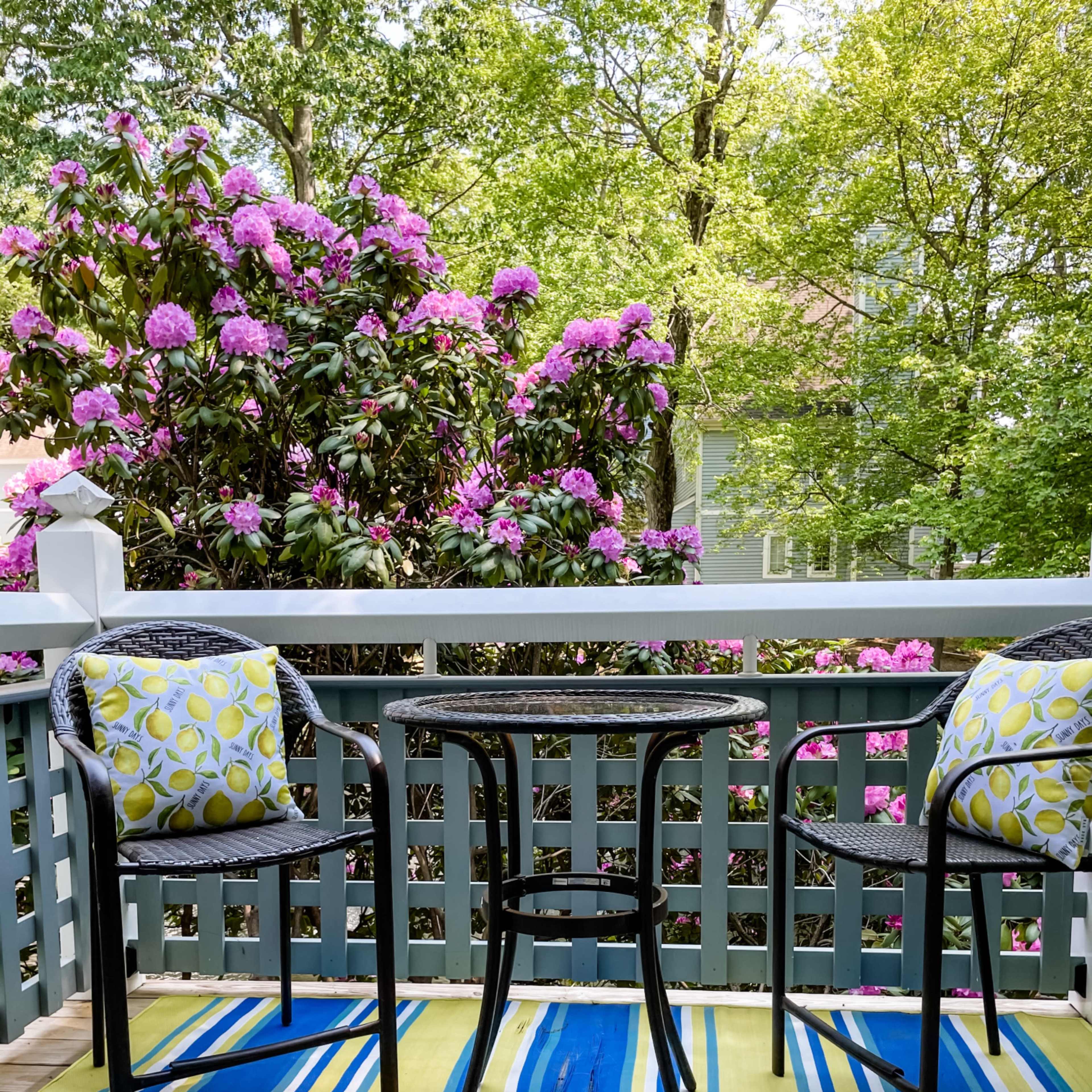 Two chairs with decorative cushions are positioned around a small table on a balcony, surrounded by vibrant pink flowering plants and a striped outdoor rug.