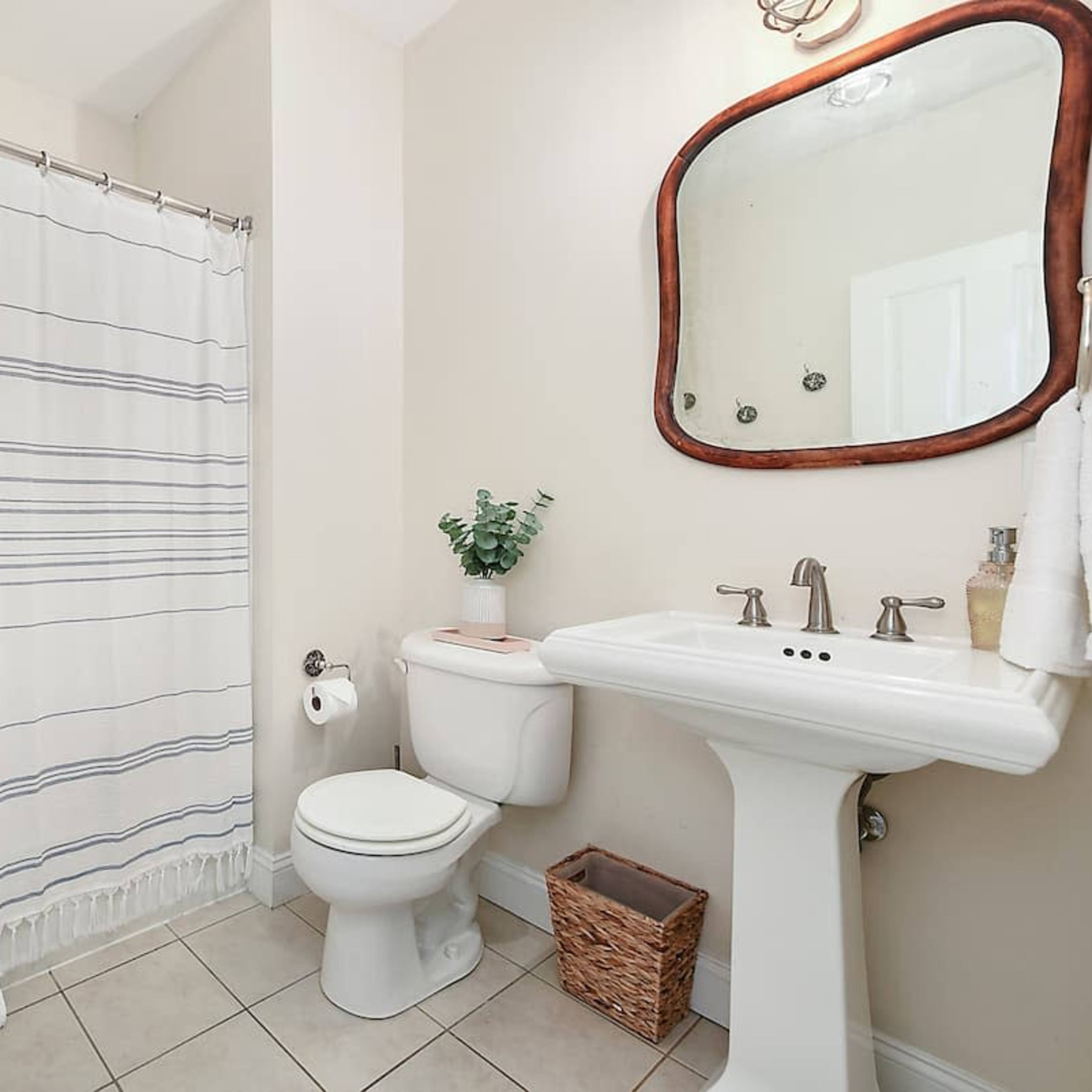 A bathroom with a shower, toilet, sink, and a decorative mirror on the wall, along with a striped shower curtain and a small plant on the sink.