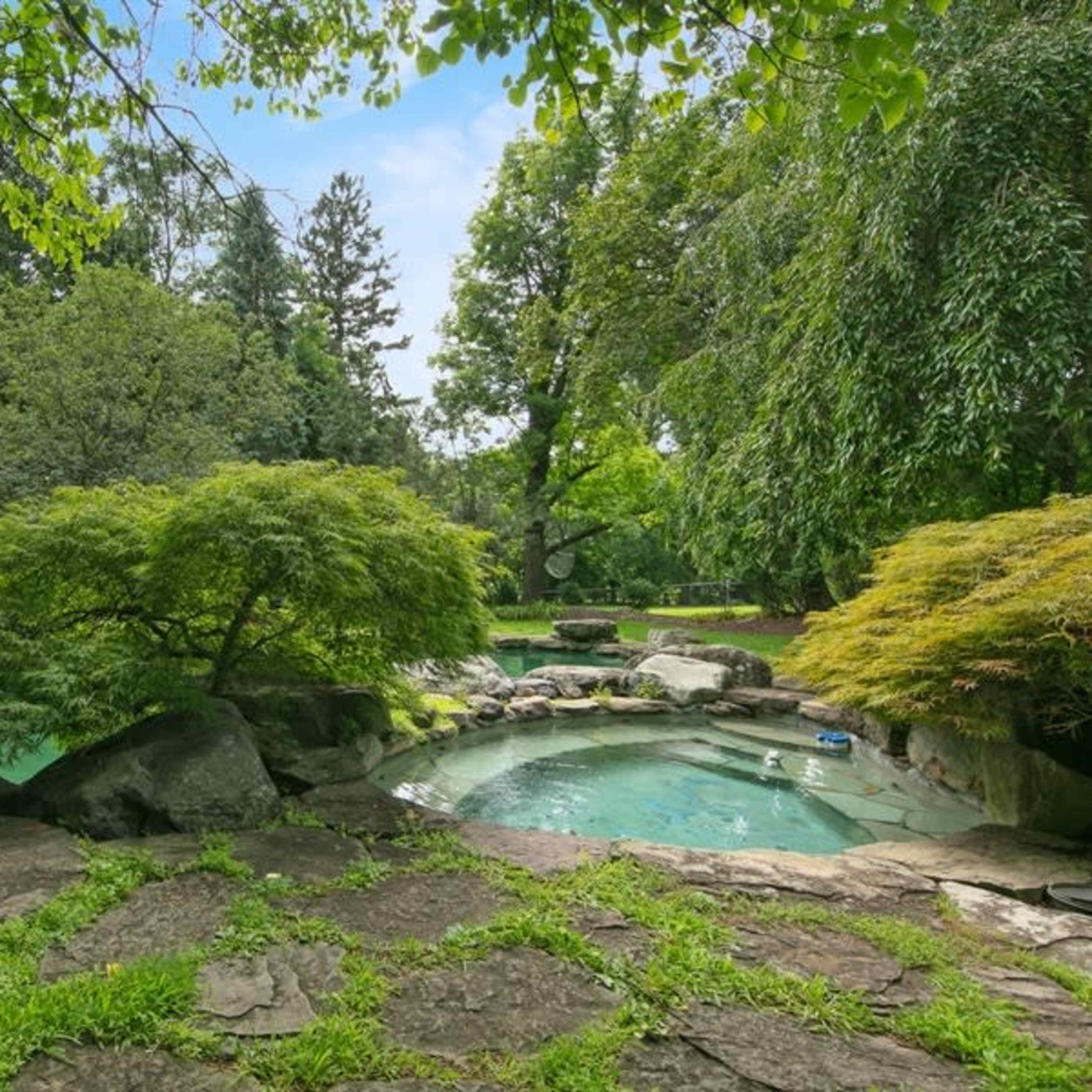 Two natural-looking pools surrounded by lush greenery and large stones.