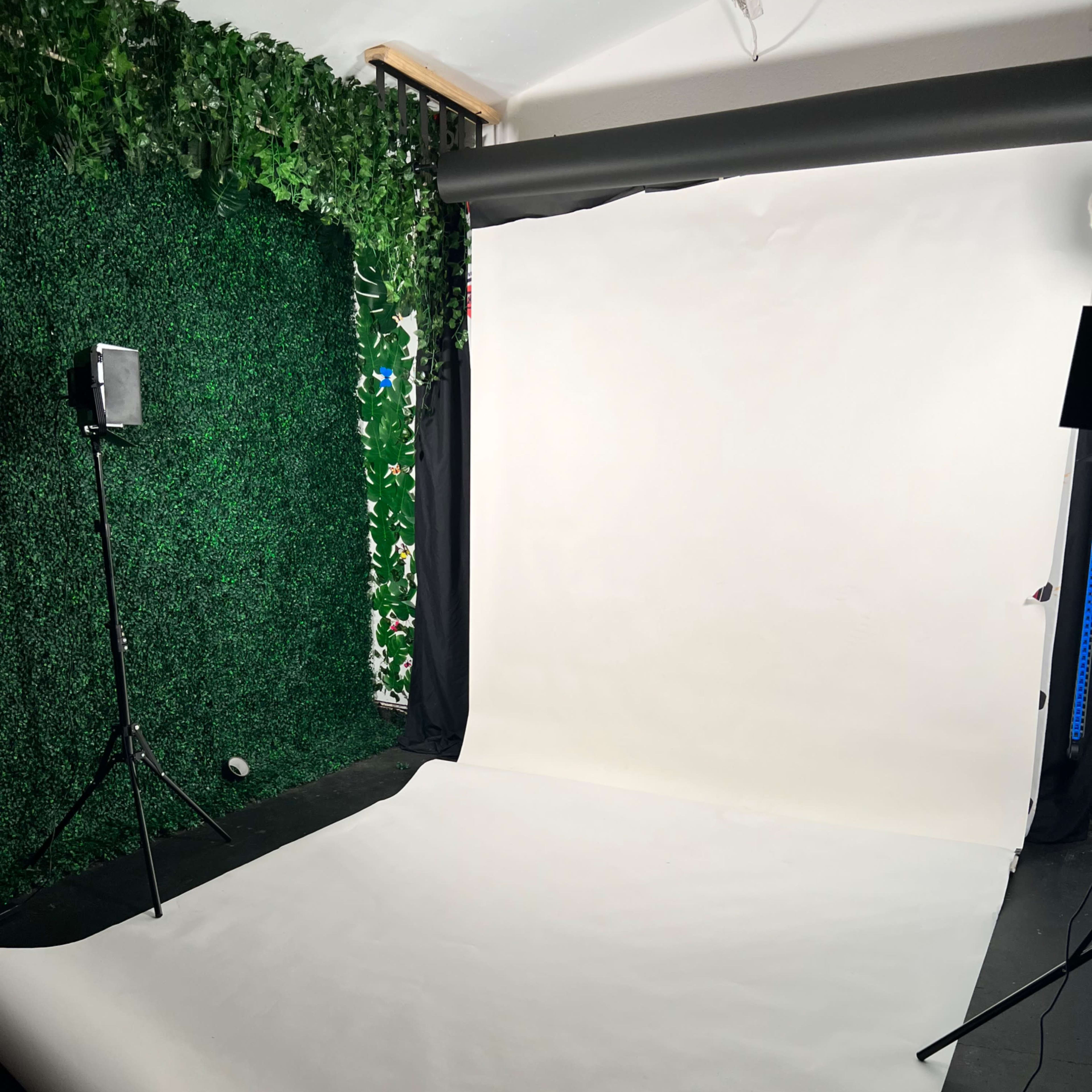 A photography studio with a white backdrop, soft lighting equipment, and a wall covered in artificial greenery.