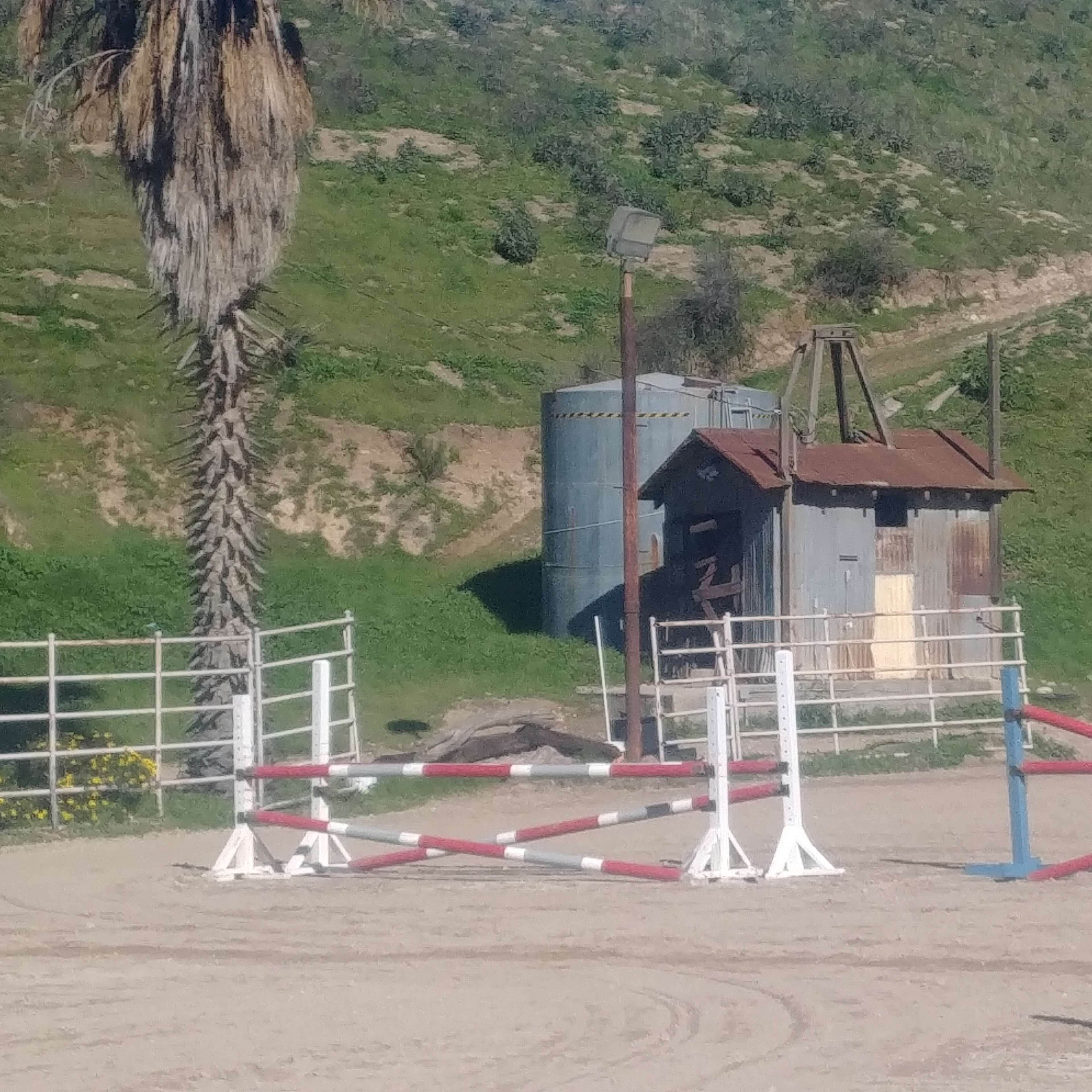 An outdoor equestrian arena with several colorful jump obstacles and a weathered metal shed in the background, set against a hillside.