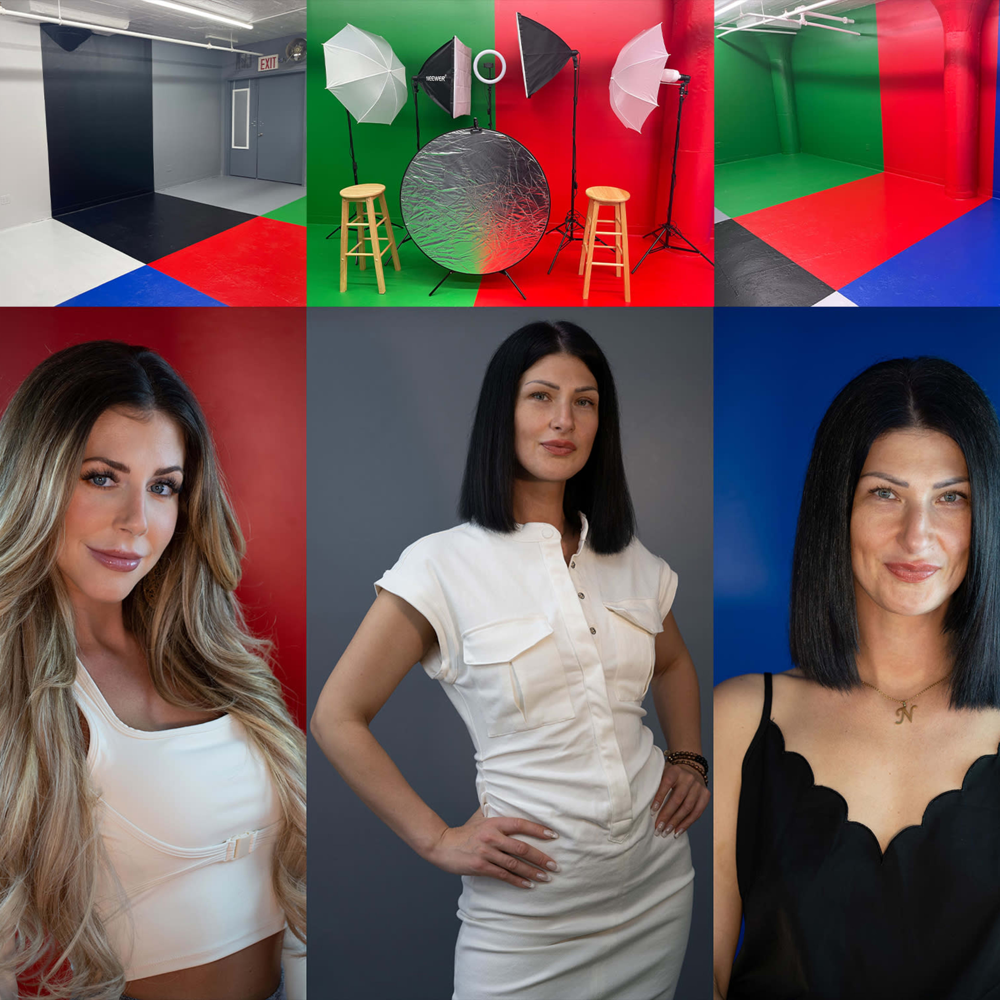 A photography studio with colored backdrops and lighting equipment, along with four portraits of a woman in various outfits and hairstyles.