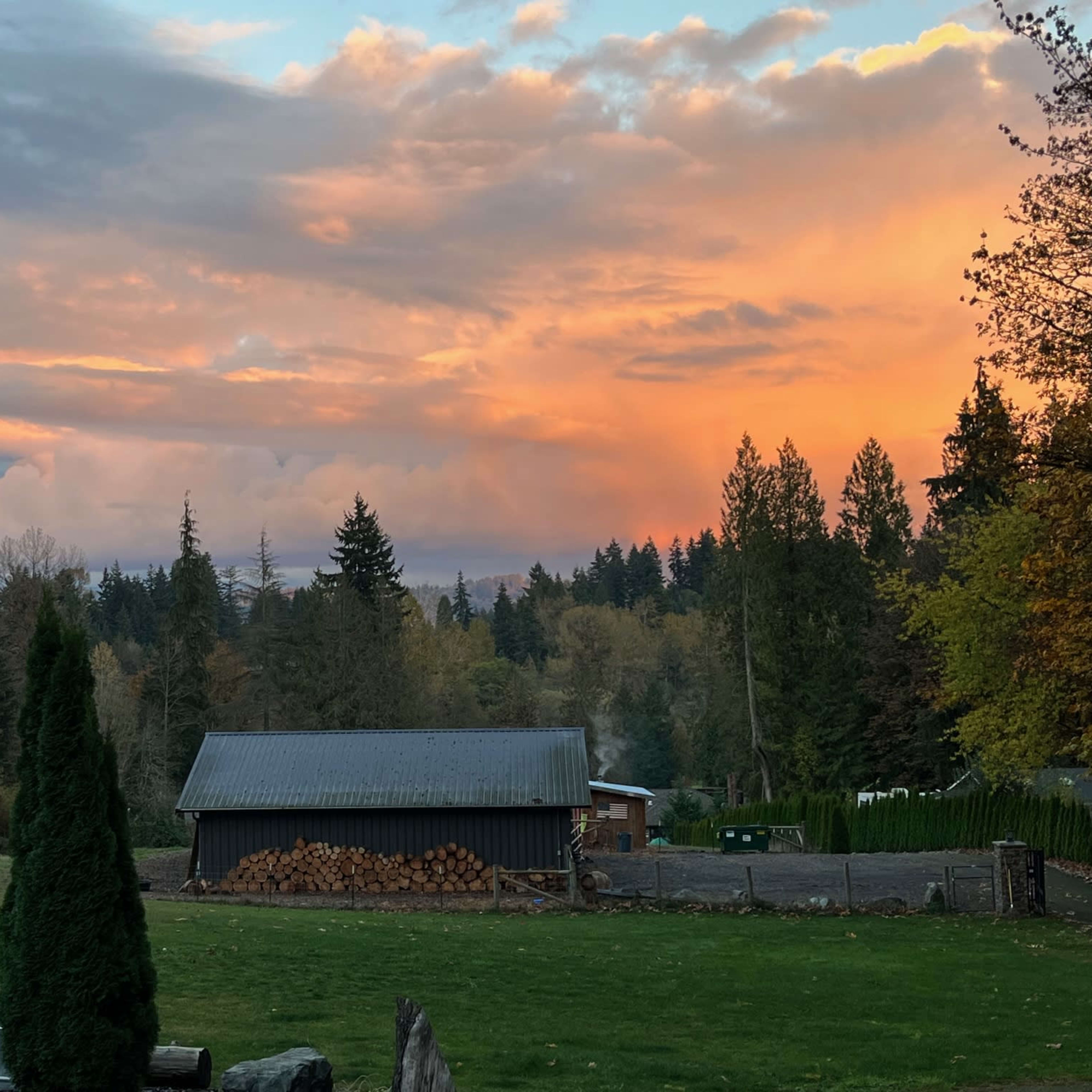 A wooden shed stands in a field as the sky displays orange and purple hues during sunset, with trees in the background.