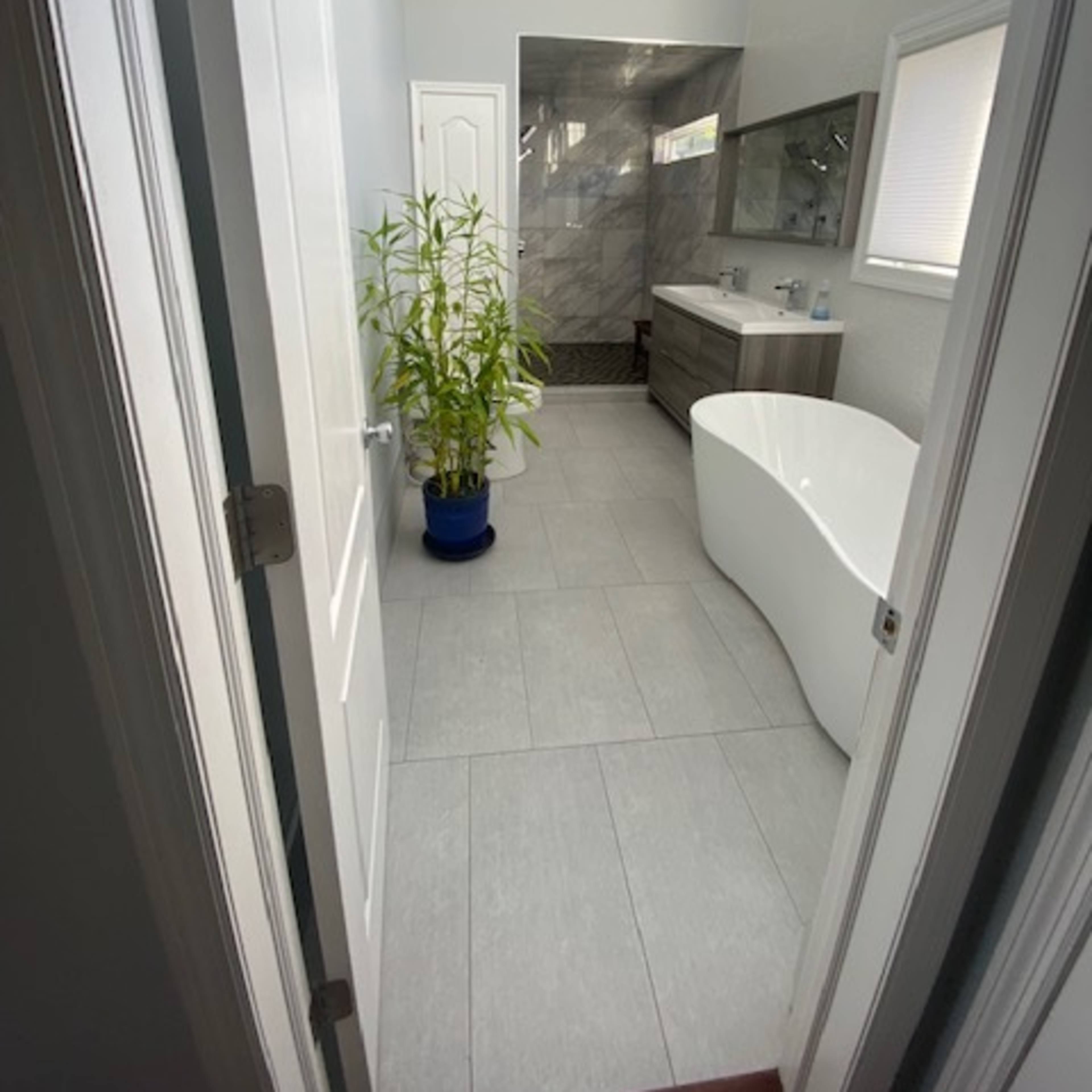 A modern bathroom with a freestanding tub, a tiled shower area, and a tall green plant in a blue pot, as viewed from an open door.