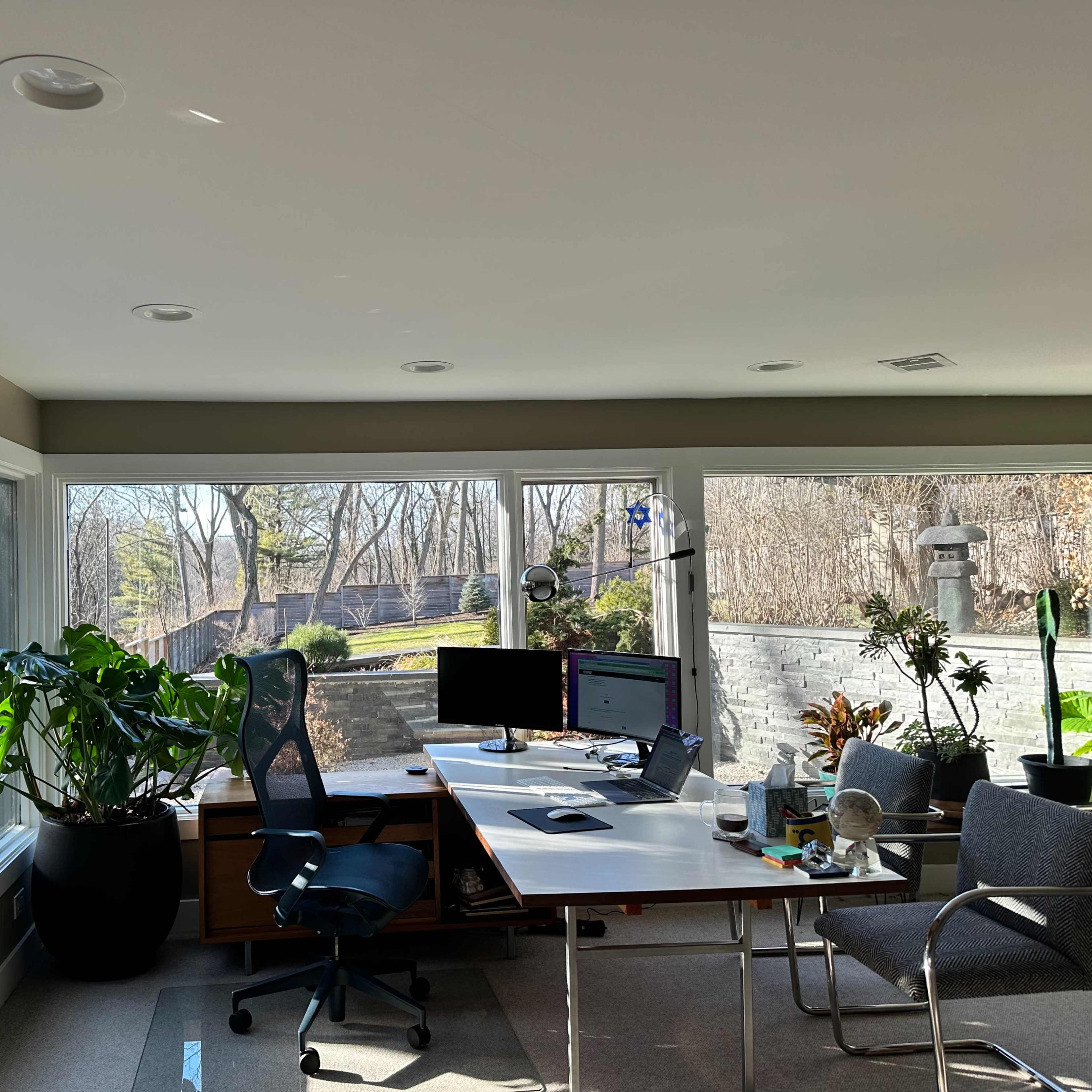 A spacious office with large windows overlooks a wooded landscape, featuring a desk, computer, and potted plants.