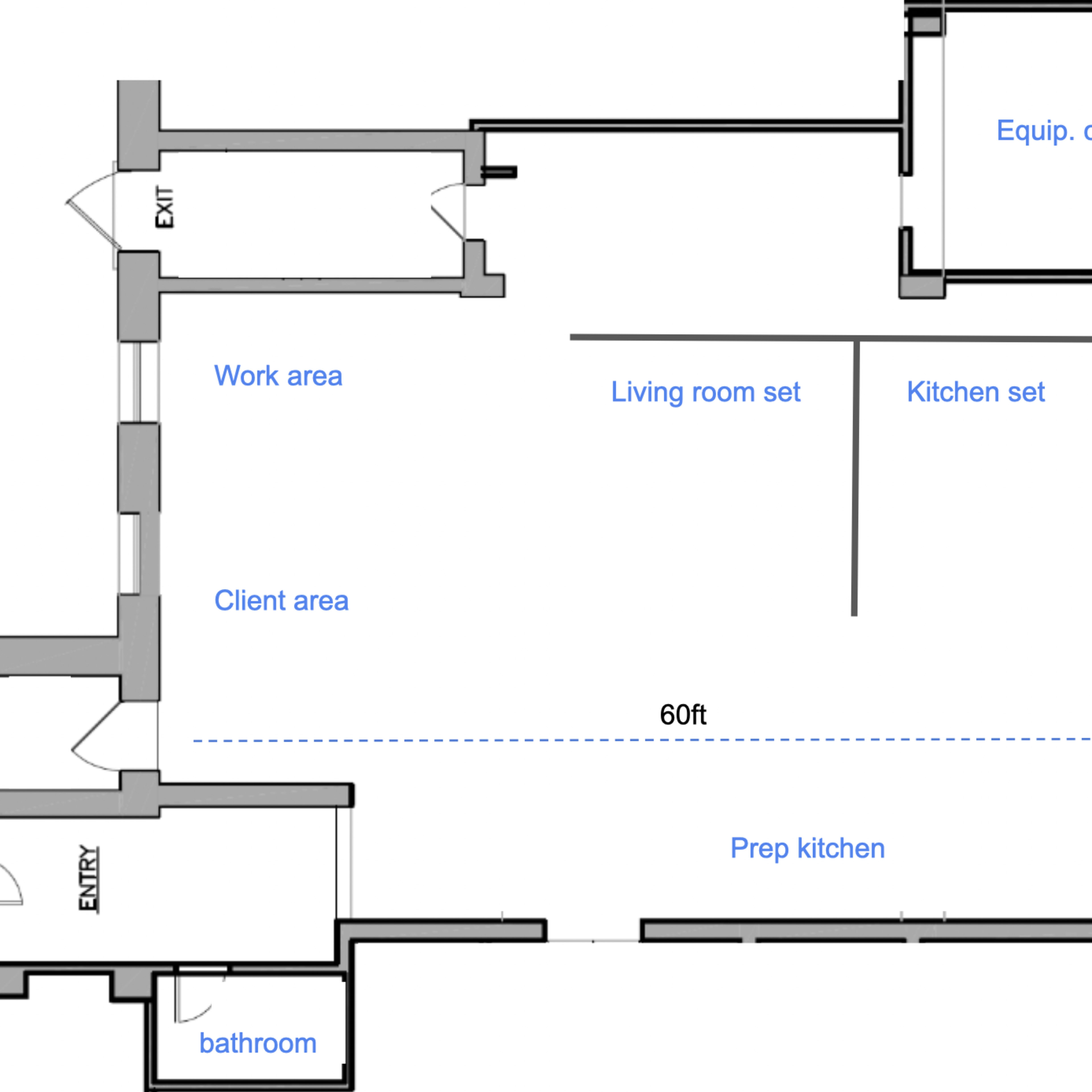 A floor plan layout showing designated areas including a client area, work area, living room set, kitchen set, prep kitchen, and a bathroom, with dimensions labeled.