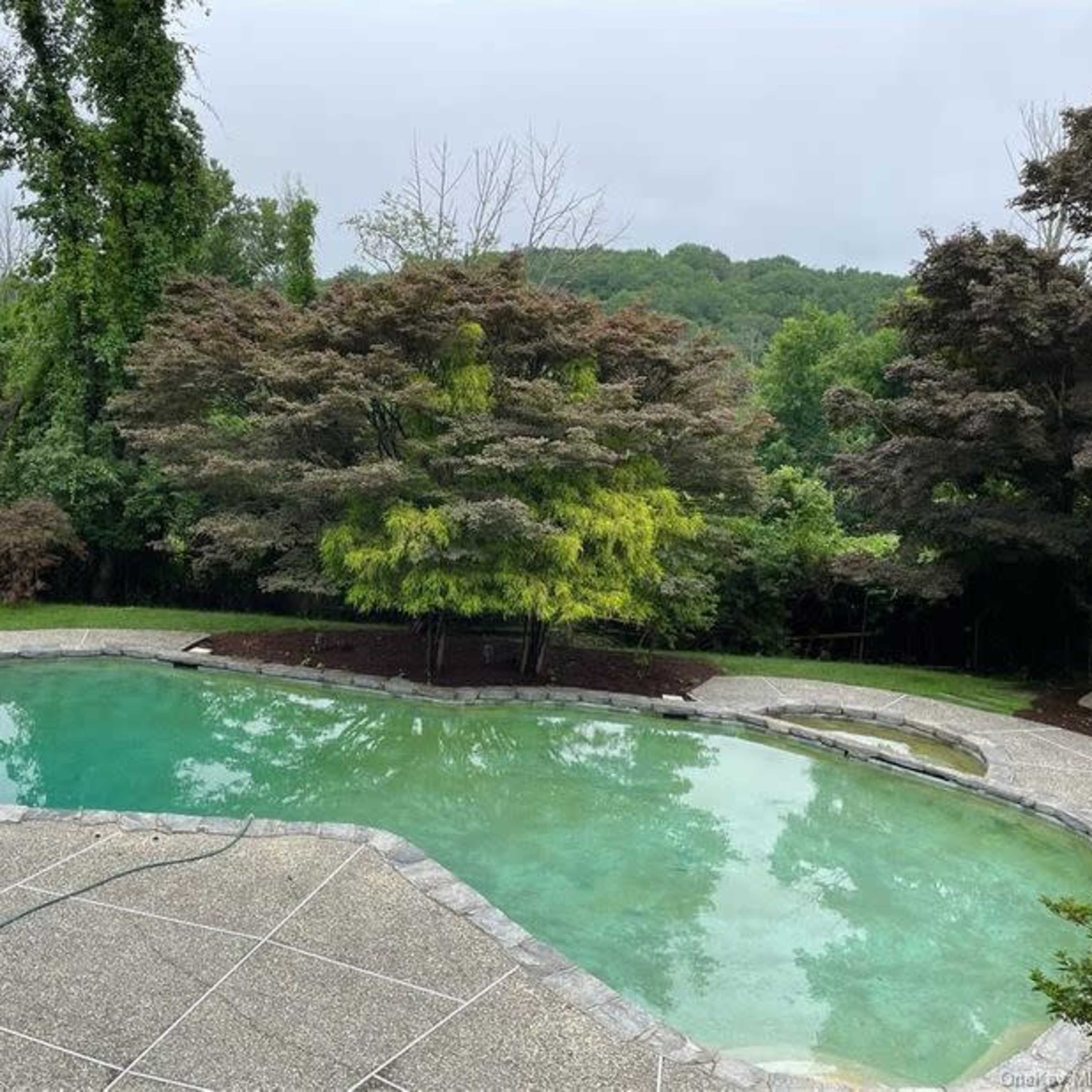A partially cloudy sky overlooks a swimming pool surrounded by landscaped trees and a stone patio.