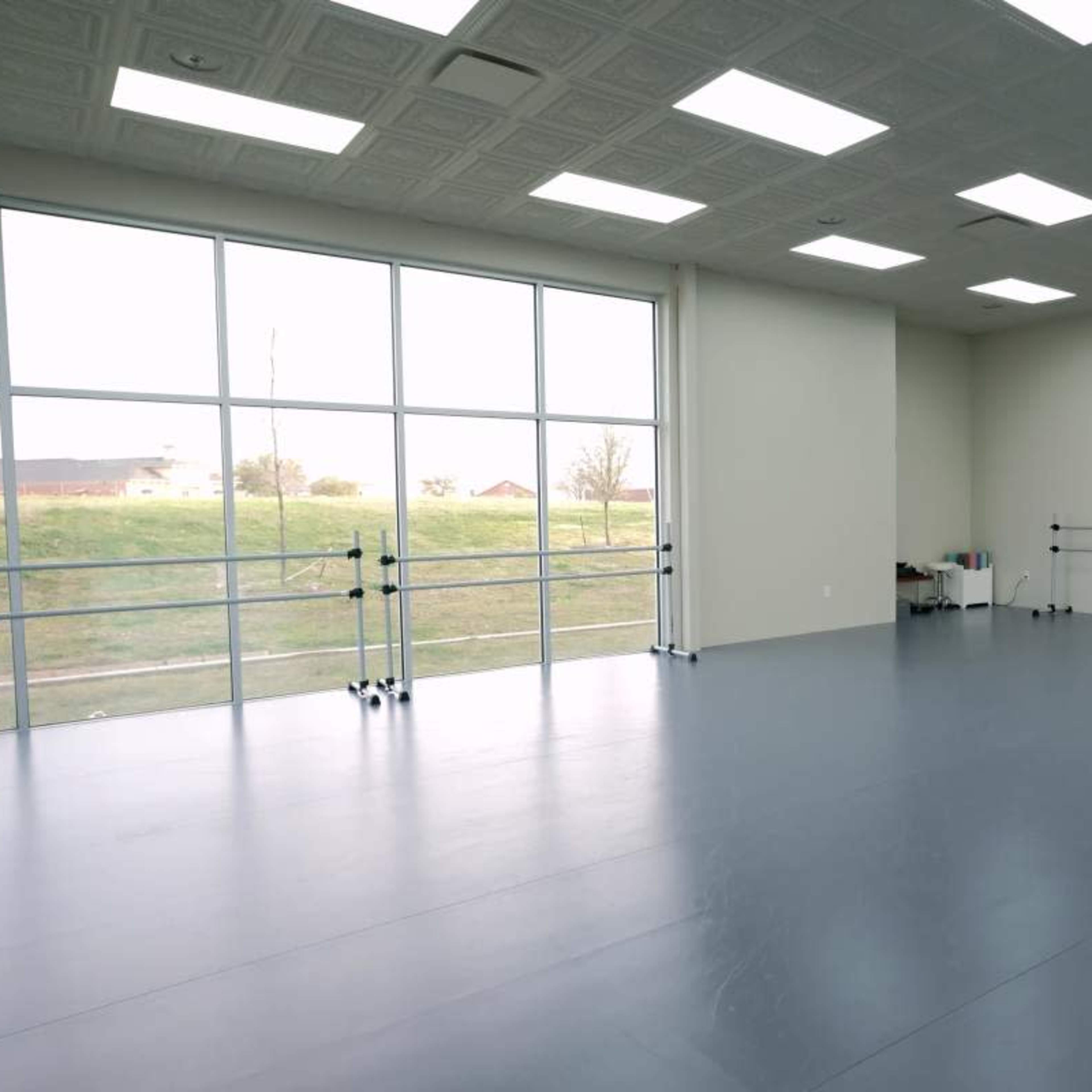 A spacious dance studio with large windows and ballet barres against the walls.