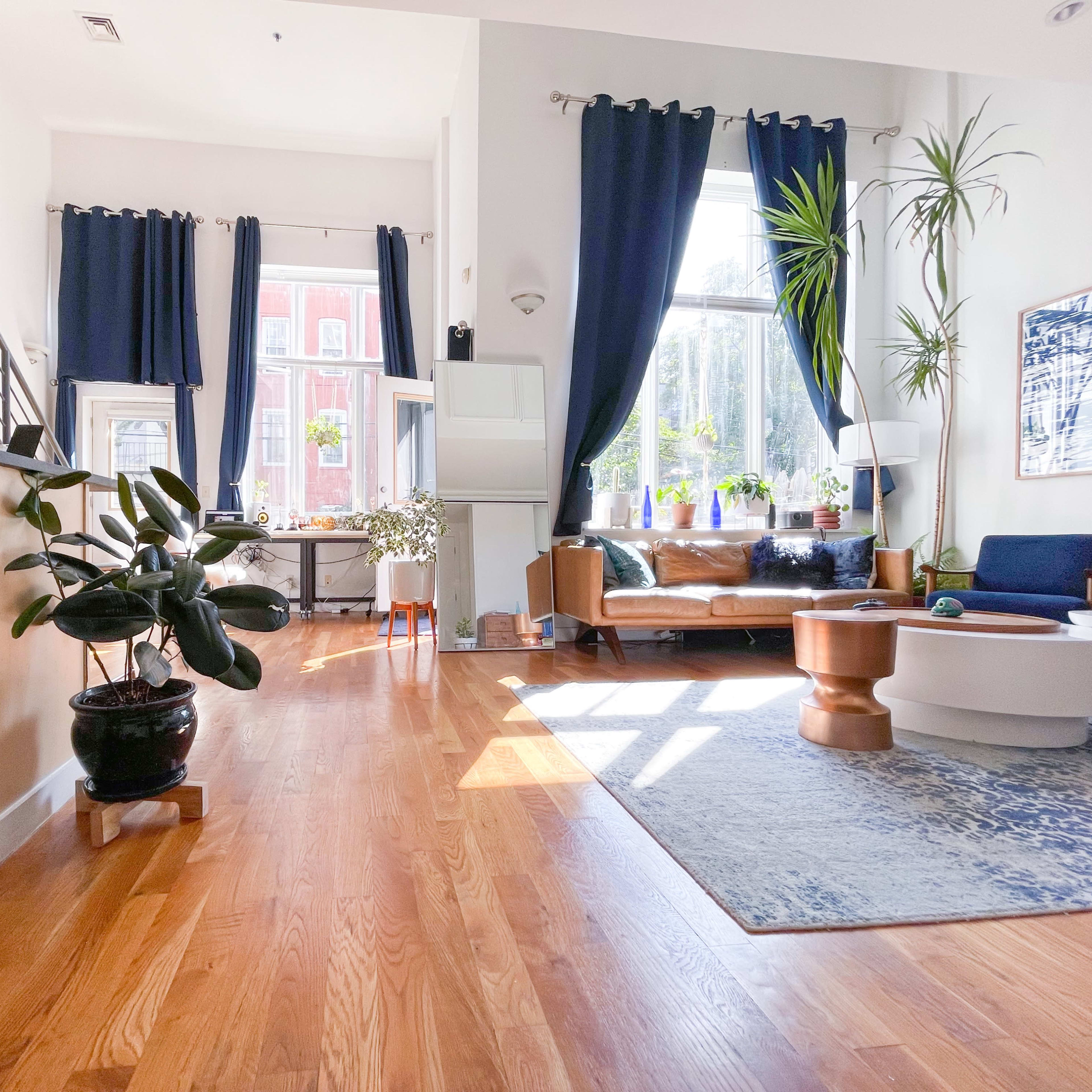 A bright living space features a wooden floor, large windows with blue curtains, and a mix of indoor plants and furniture arranged comfortably.