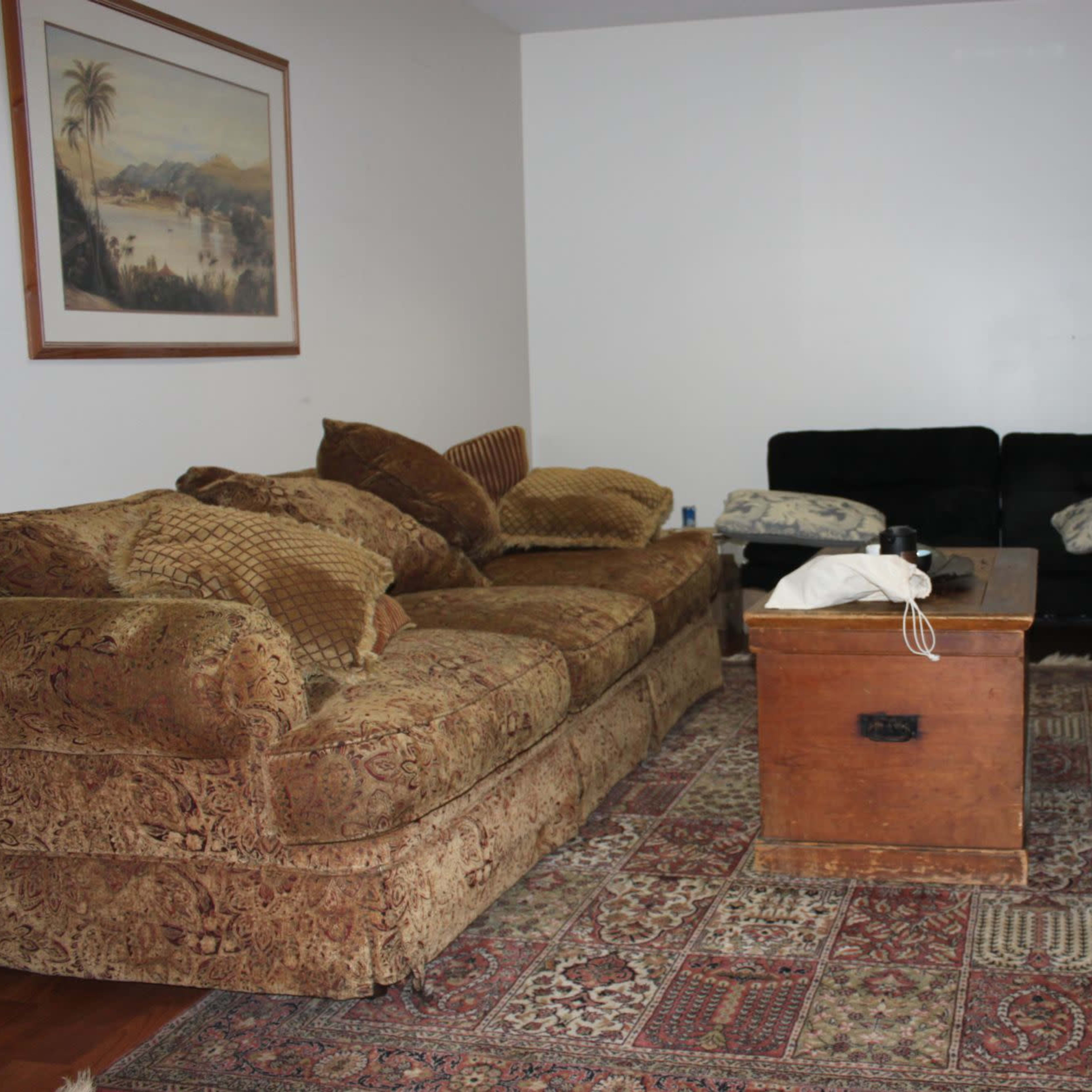 The room features a large, patterned sofa and a pair of black chairs arranged around a wooden coffee table on a decorative rug.
