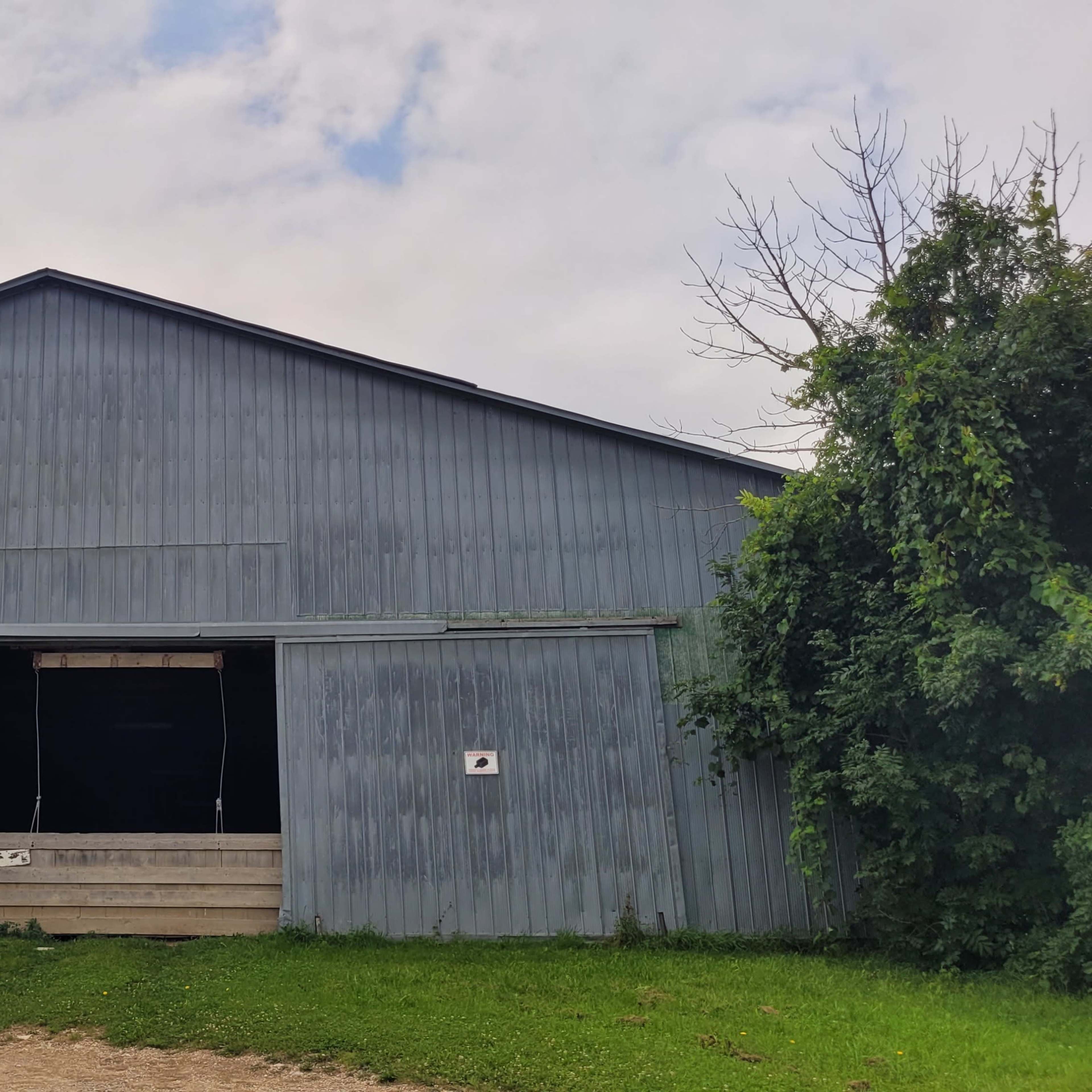 A large, gray metal barn with a partially open sliding door and a grassy area in front.