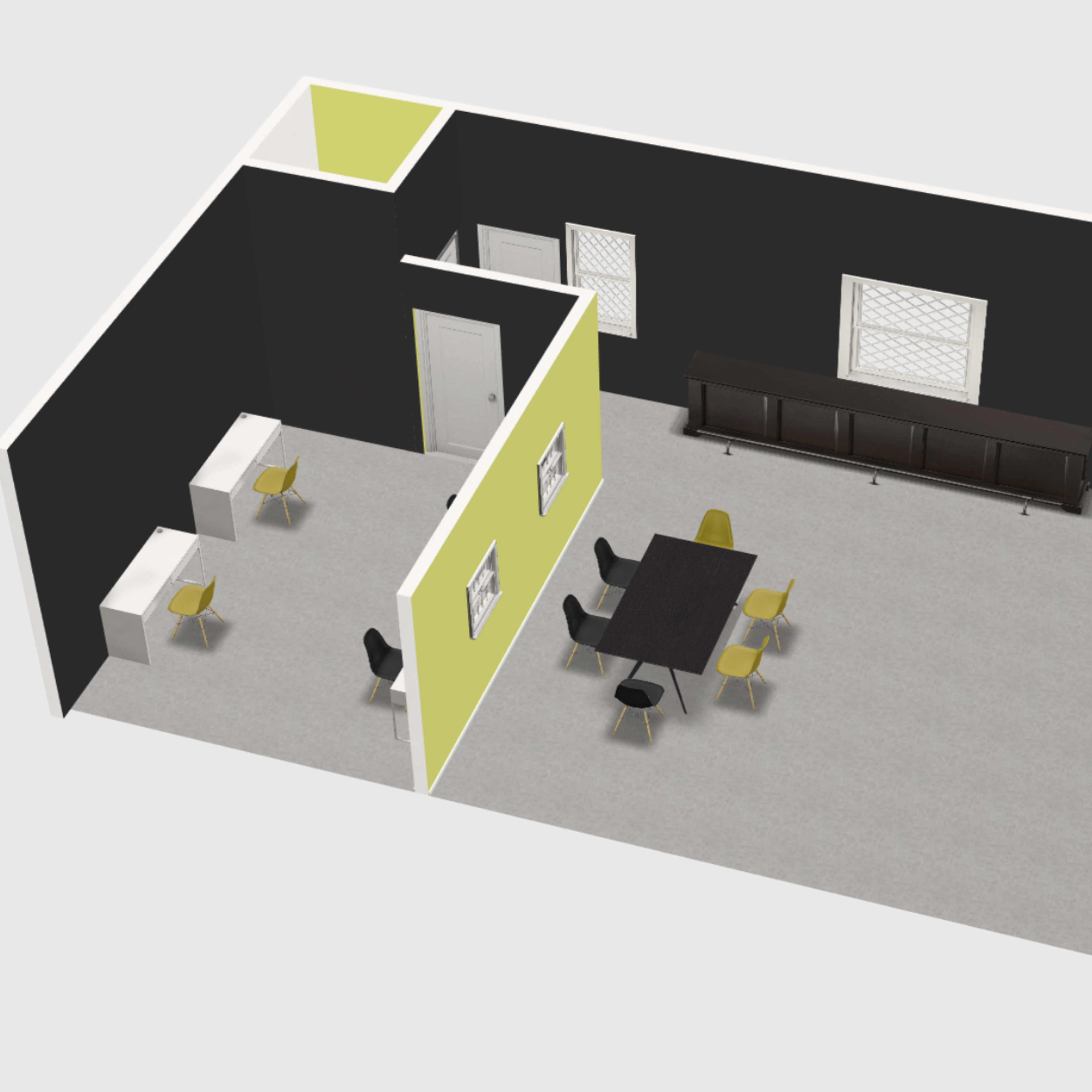 A three-dimensional layout of a meeting room featuring a round table surrounded by chairs, with walls painted in black and yellow, and a few cabinets against one wall.