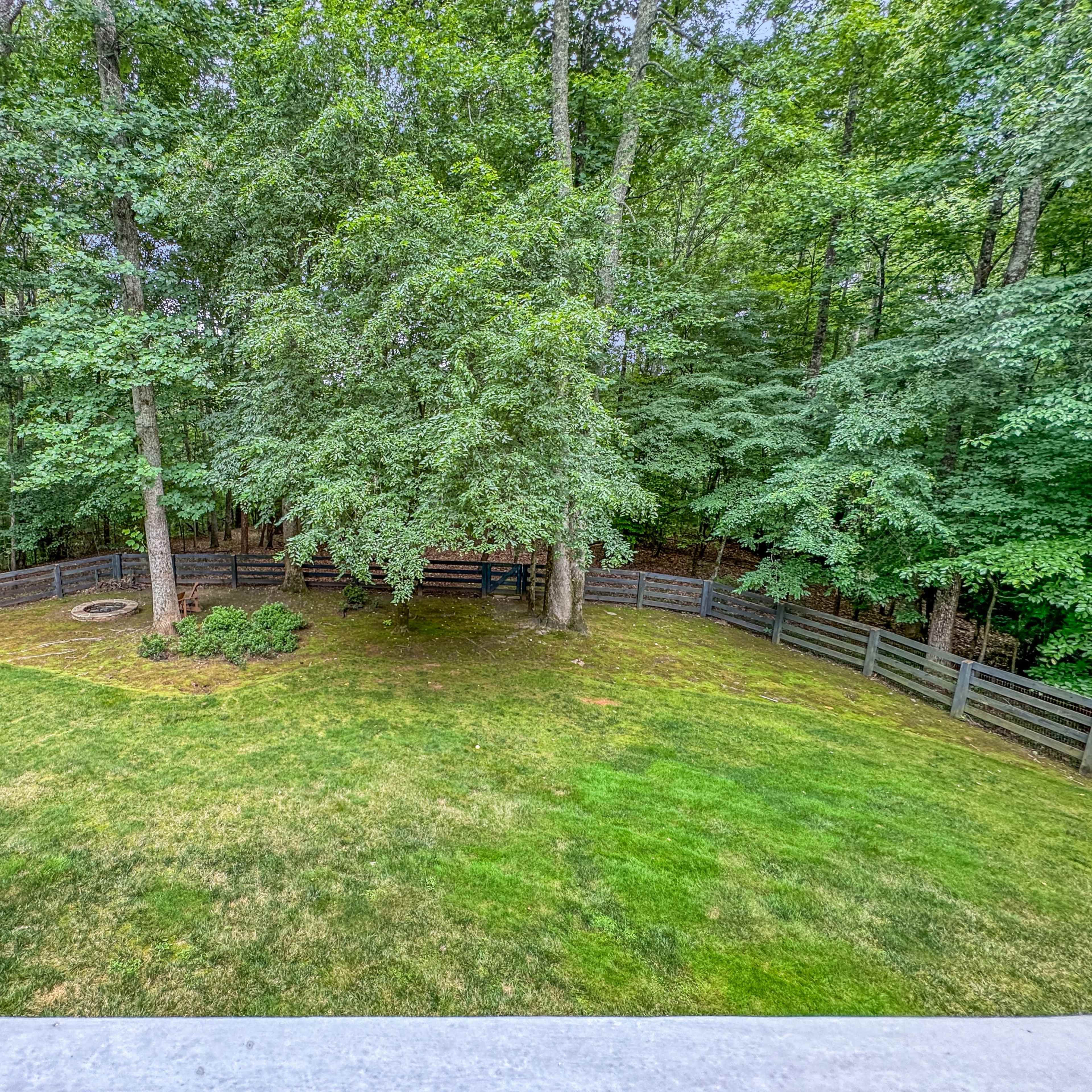 A grassy backyard bordered by a wooden fence and surrounded by dense trees.