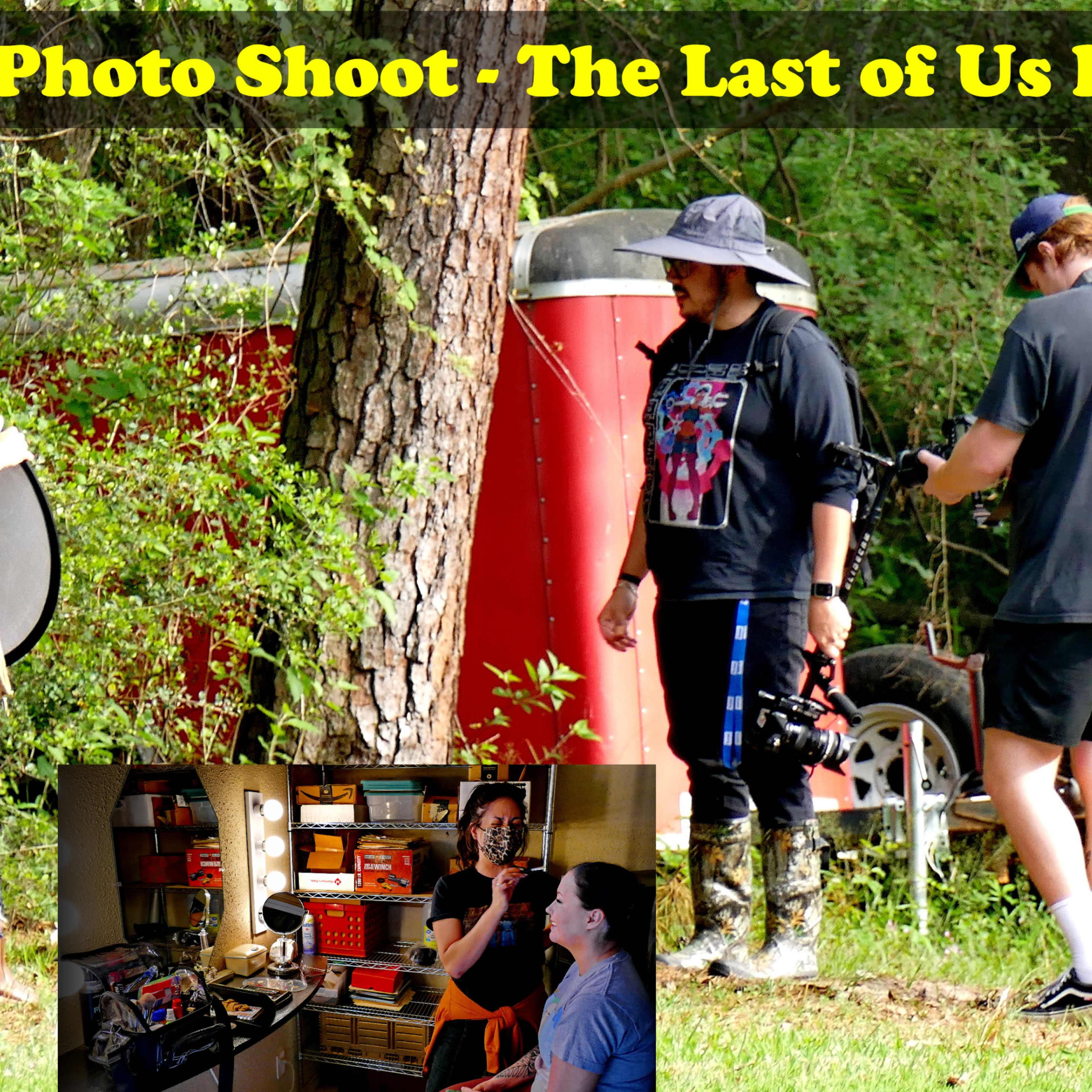 A group of cosplayers is engaged in a photo shoot for "The Last of Us Part II" in a wooded area, with one person playing the guitar and others coordinating the shoot.