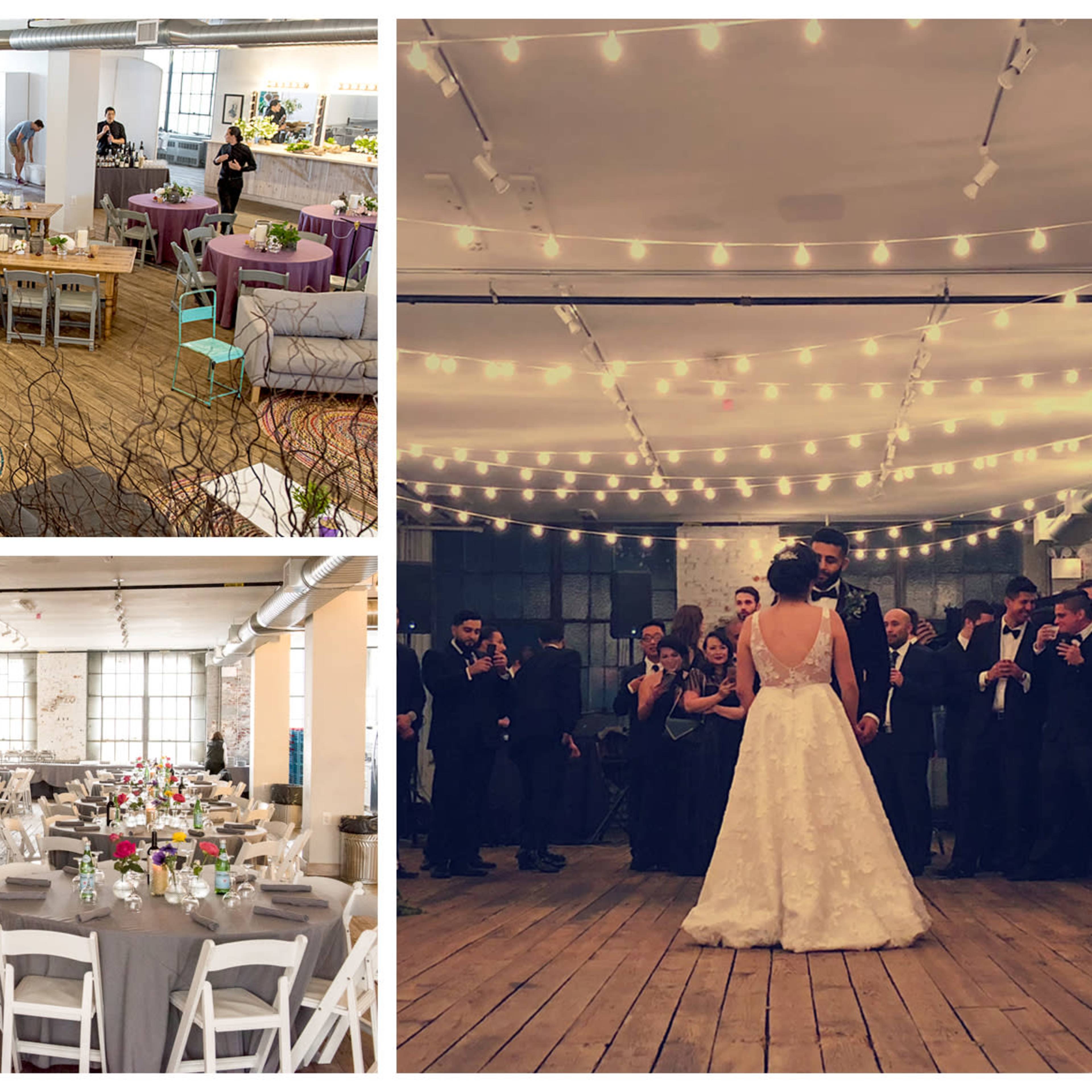 A stylish venue set up for a wedding, featuring tables with floral centerpieces, string lights, and guests mingling.