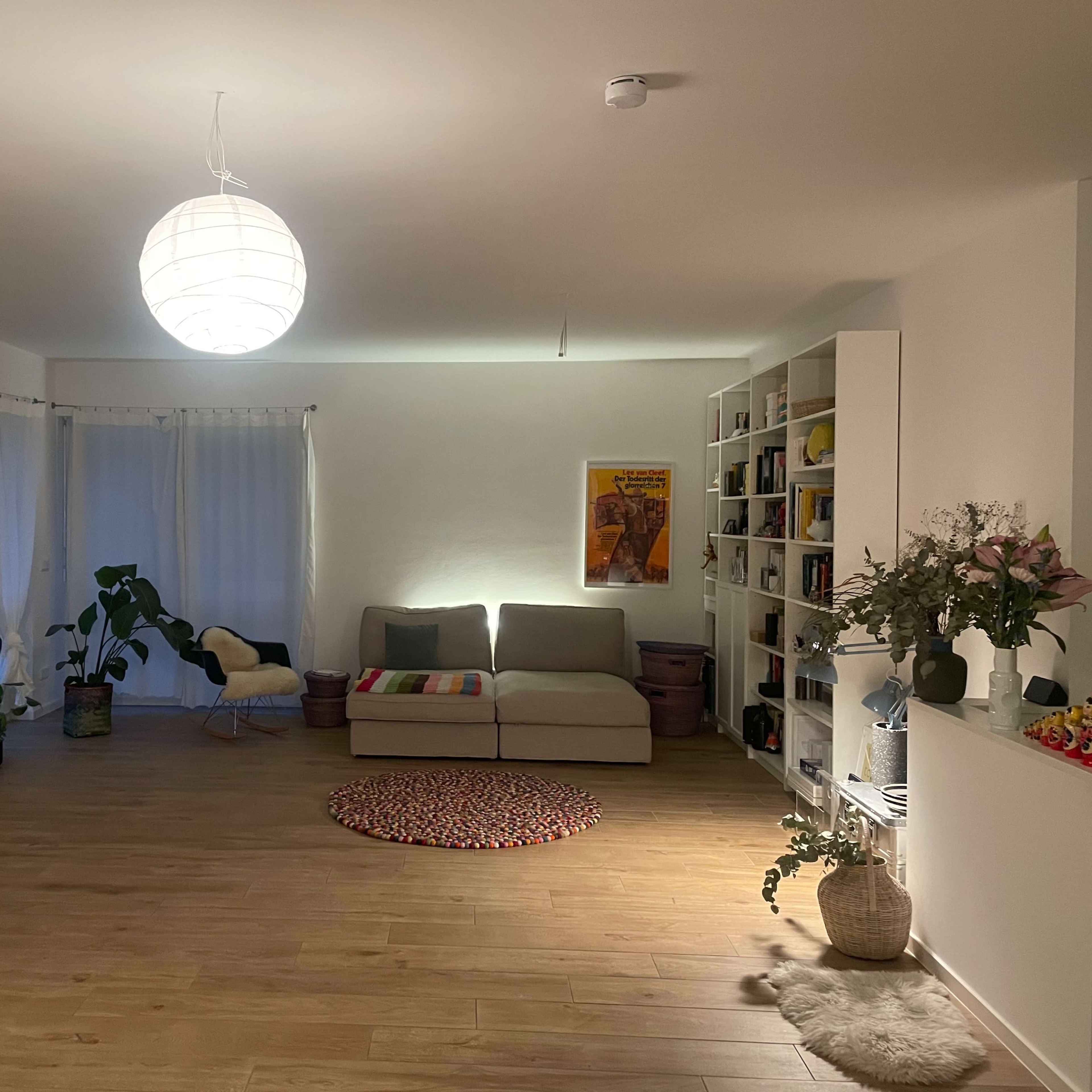 A spacious, minimalistic living room with a large window, a light fixture, a couch, a bookshelf, a circular rug, and decorative plants.