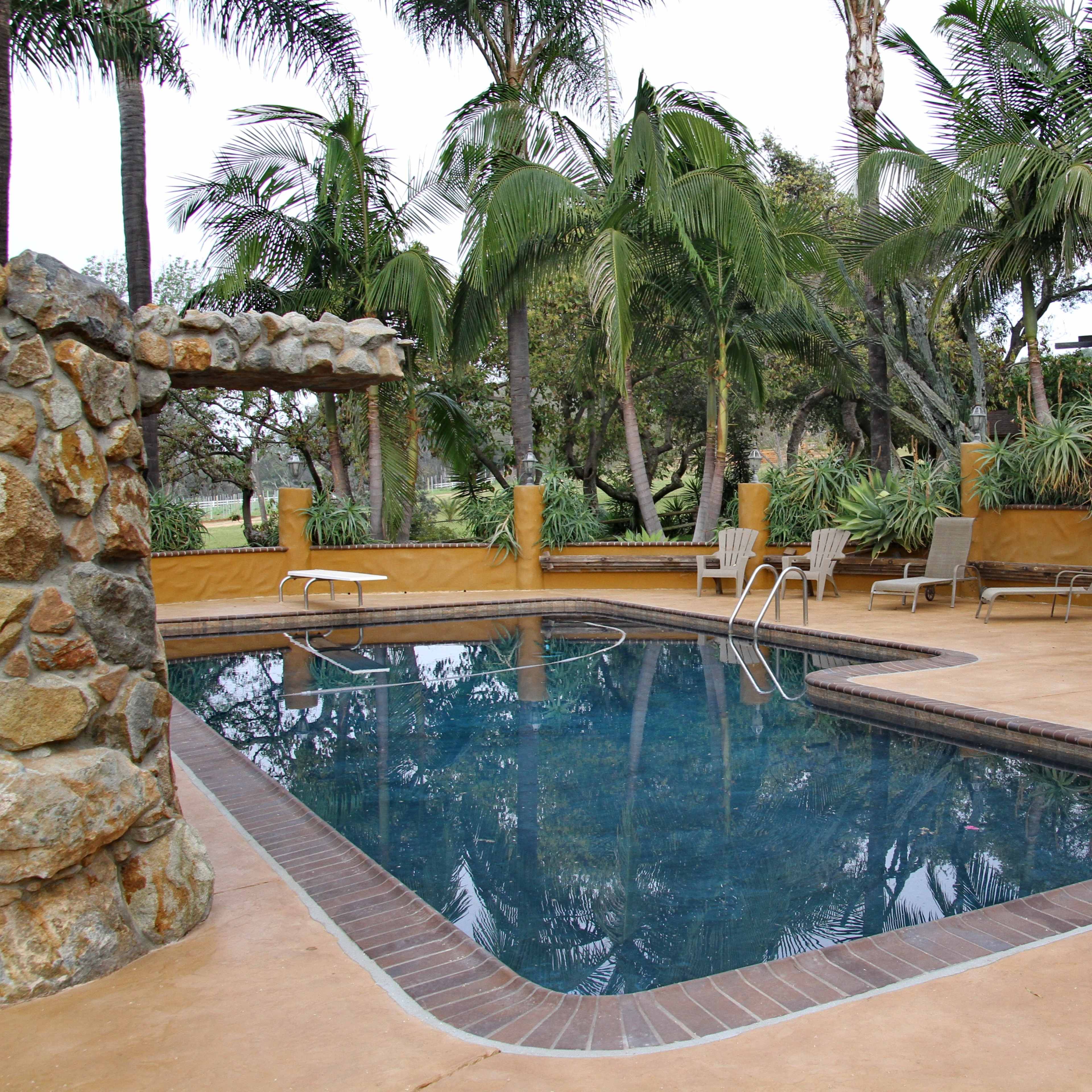 A backyard pool surrounded by palm trees and stone landscaping, featuring loungers and a decorative bar area.