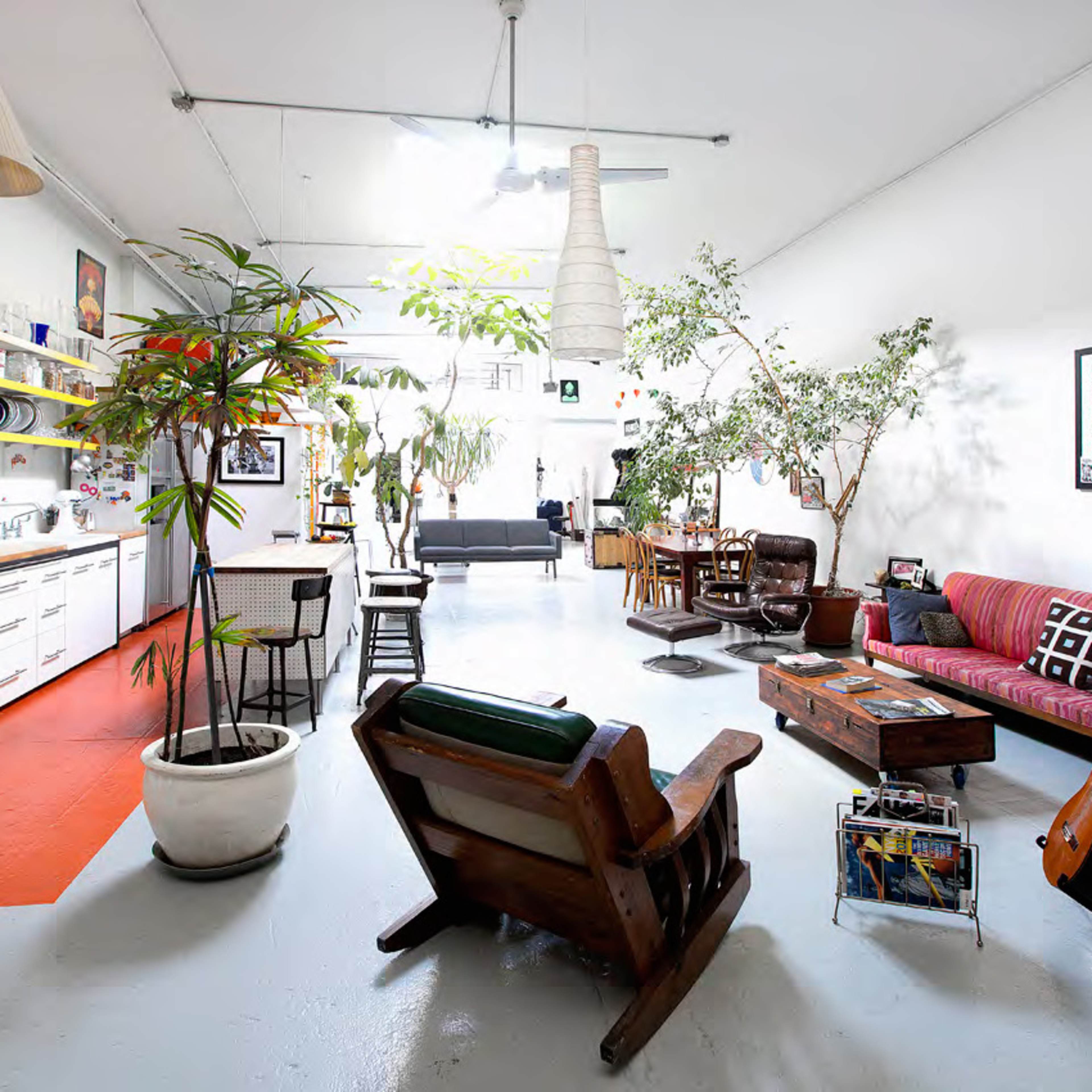 A spacious, open-plan living area featuring a kitchen on one side and a cozy lounge area with plants, seating, and various decorative items.