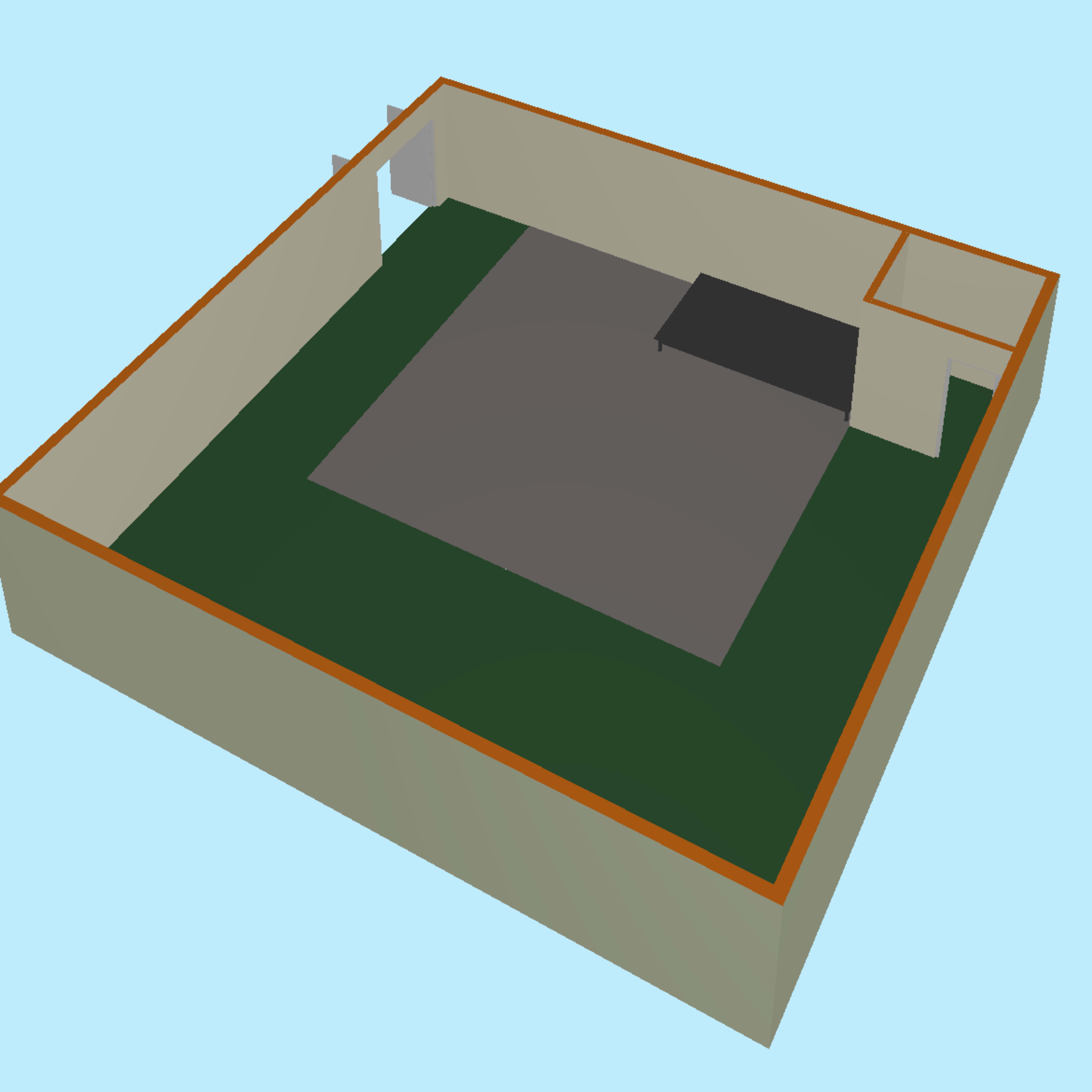 A three-dimensional representation of a room with a green floor, light-colored walls, and a gray rectangular area in the center.