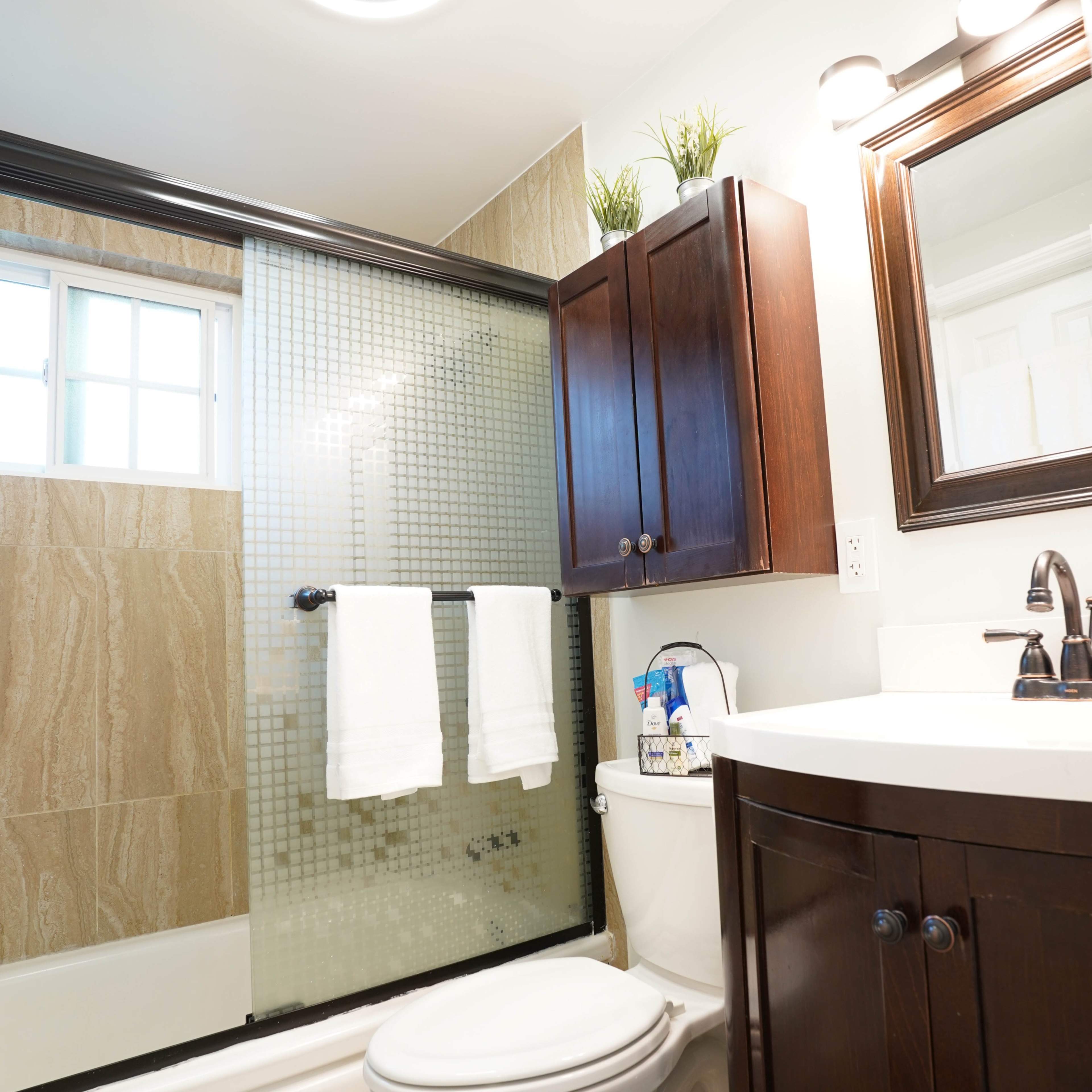 A modern bathroom featuring a glass shower enclosure, a dark wood vanity, a toilet, and a large mirror above the sink.