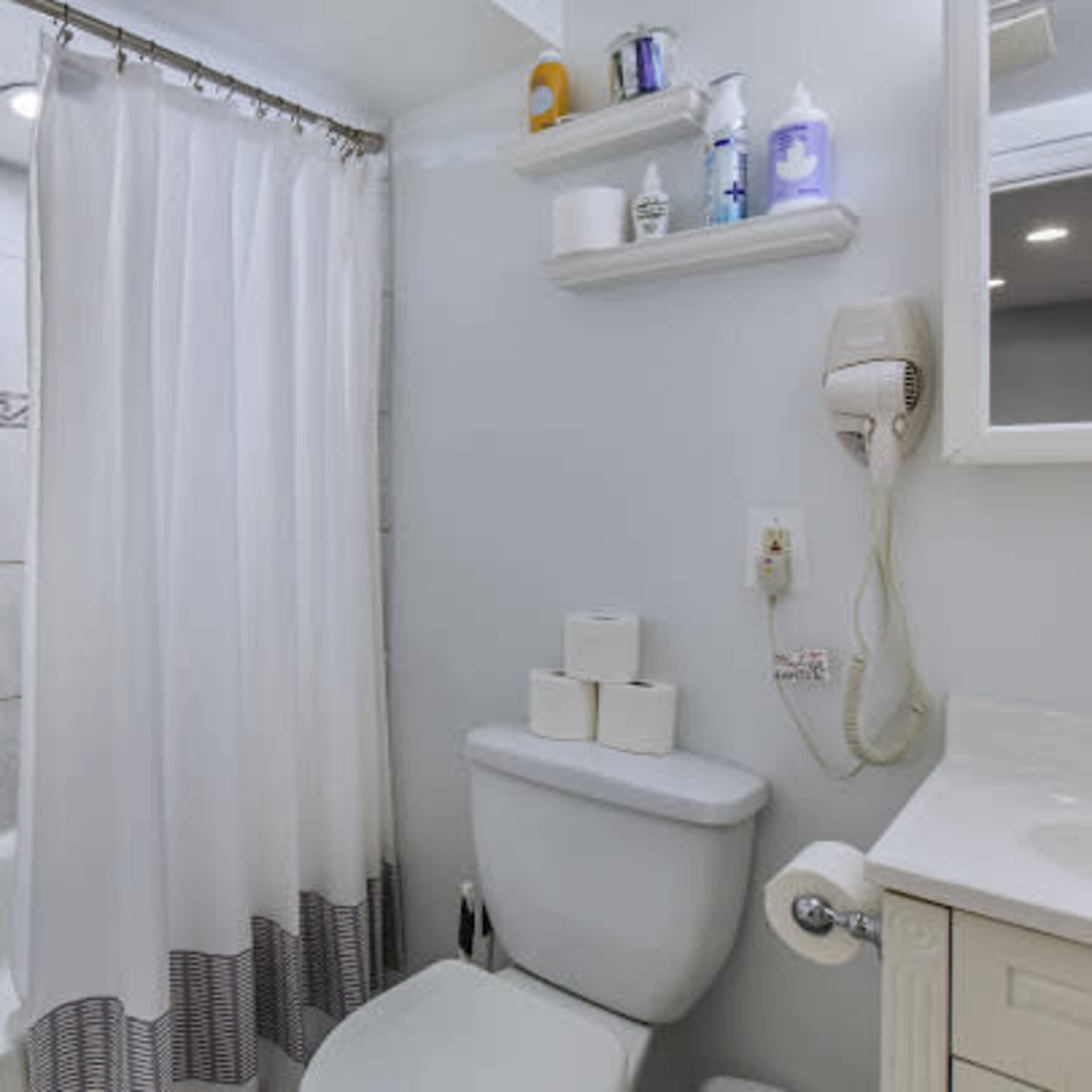 A bathroom with a shower, a toilet, a sink, and shelves containing toiletries.