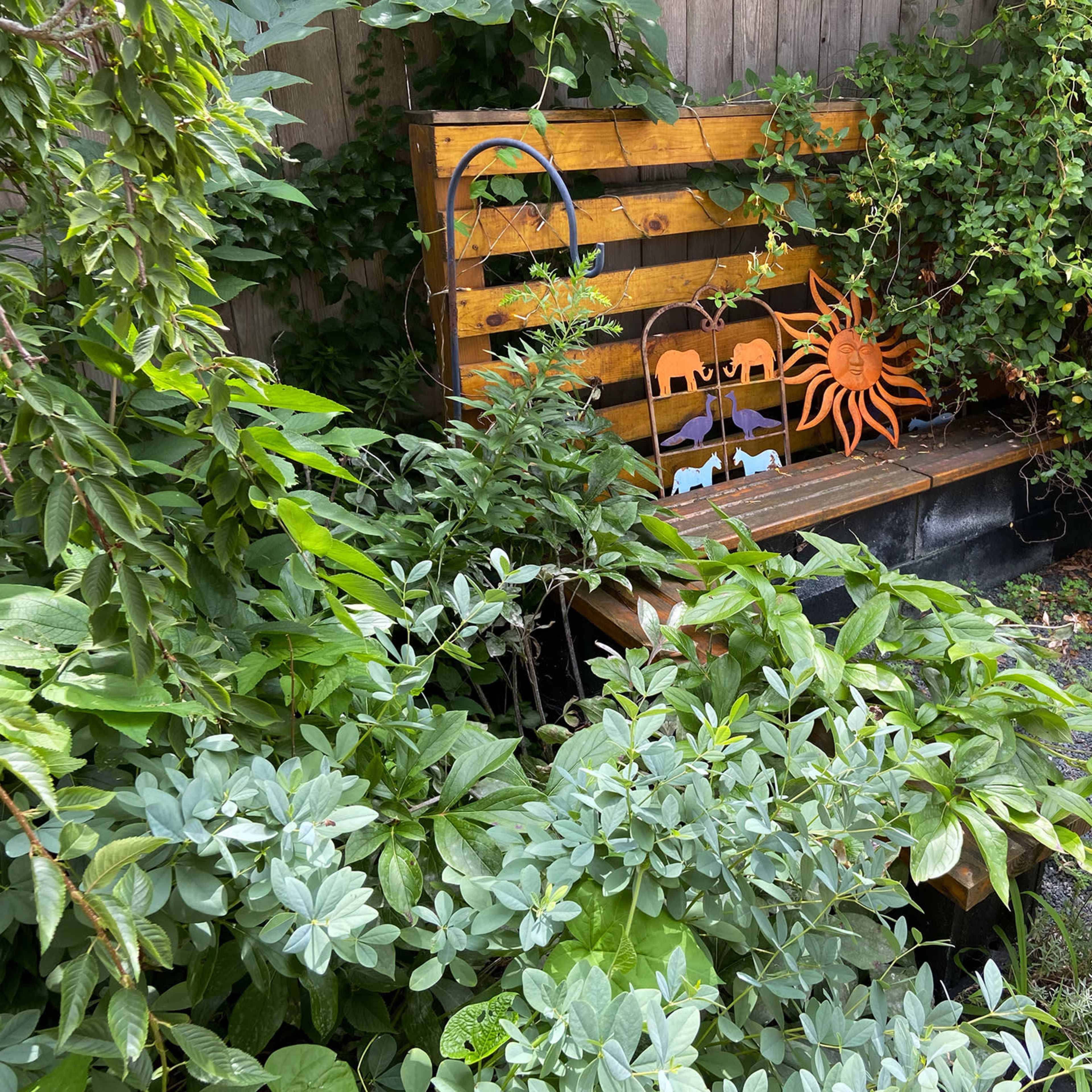 A wooden bench surrounded by various lush green plants and garden decorations, including a sun motif, is nestled in a garden space.