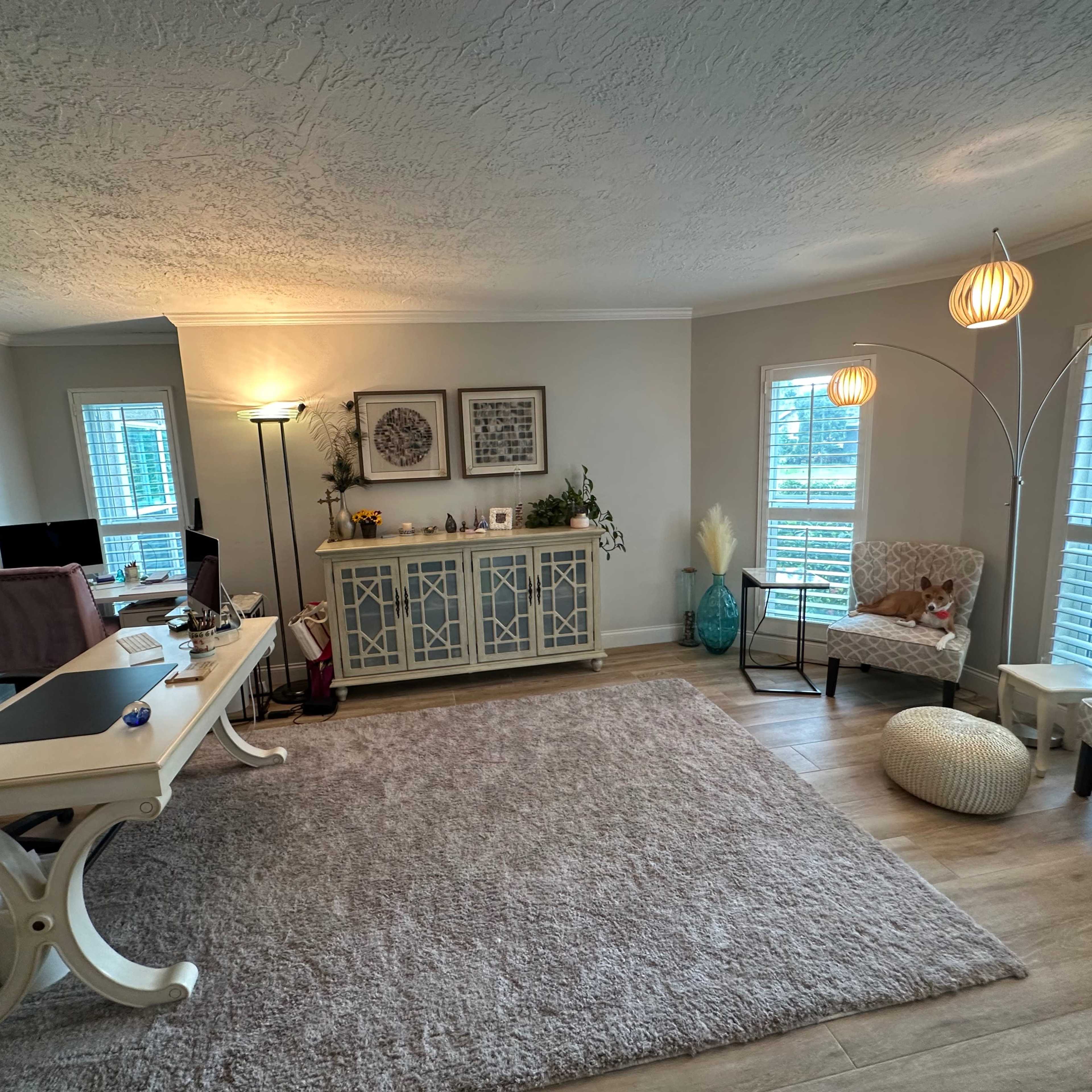 A cozy office space with a desk, a comfortable chair, a light fixture, and decorative elements such as a rug and plants.
