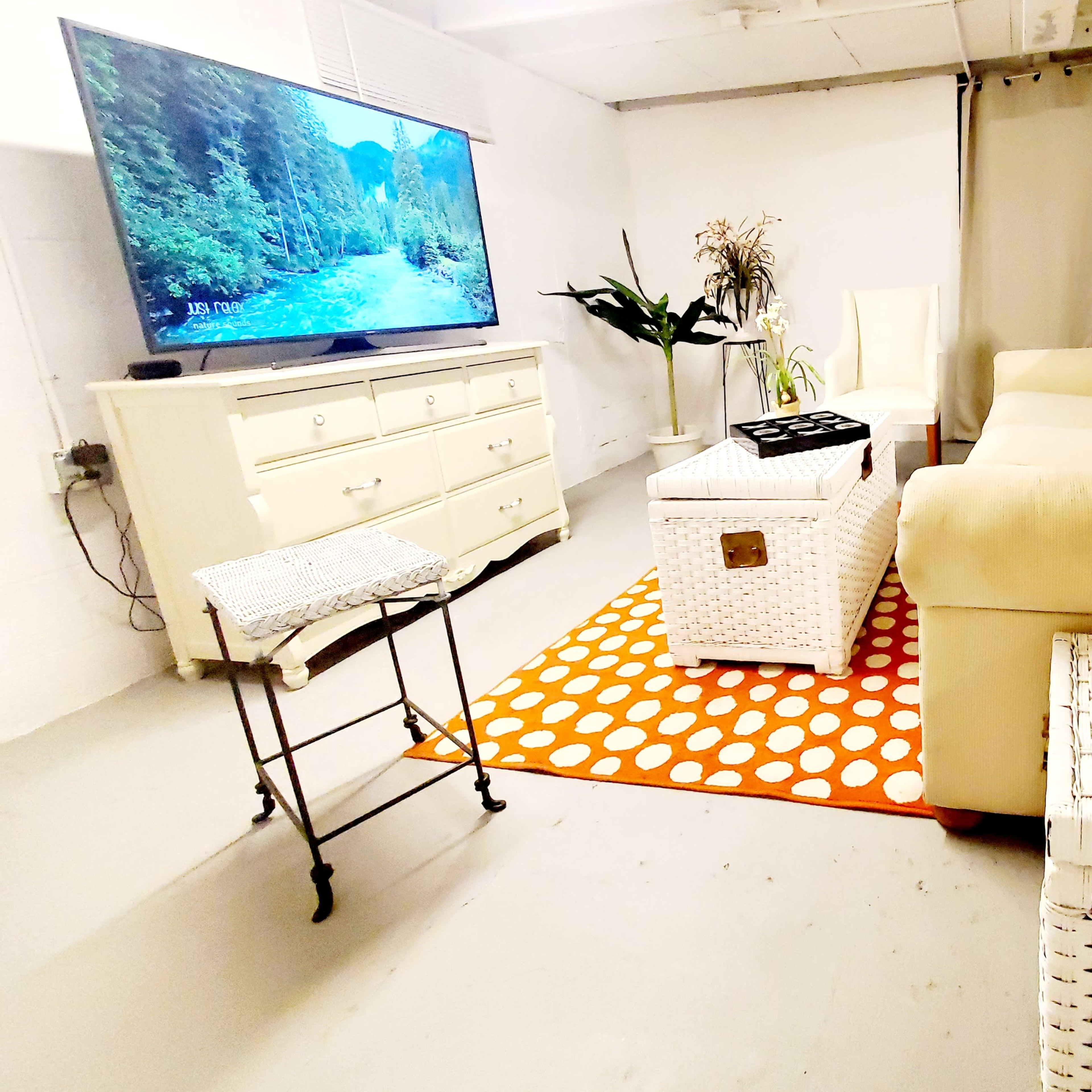 A furnished basement living area features a light-colored couch, a television mounted on the wall, and a decorative area rug with a pattern of orange and white polka dots.