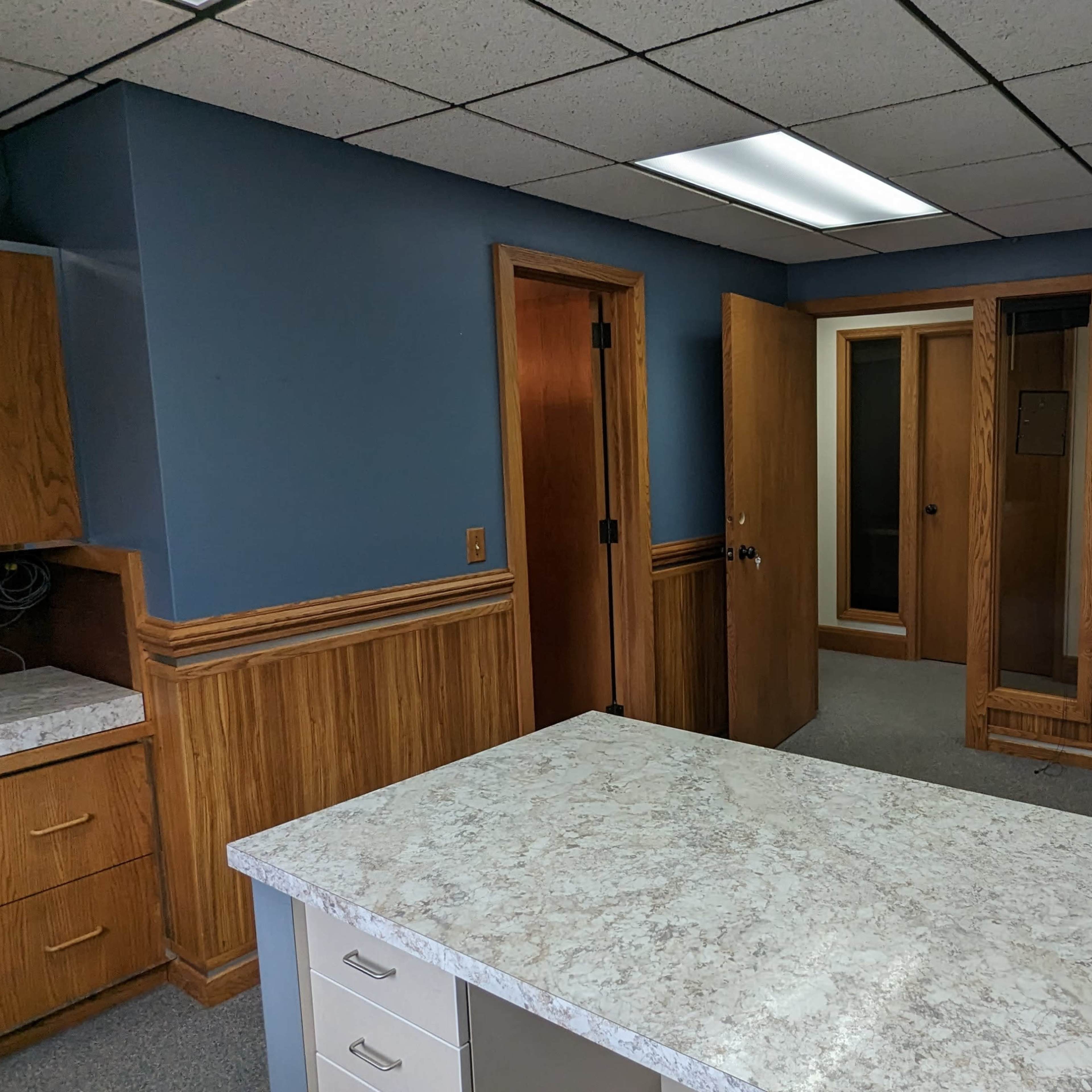 An office space with blue walls, wood paneling, a countertop, and an open door leading to a hallway.