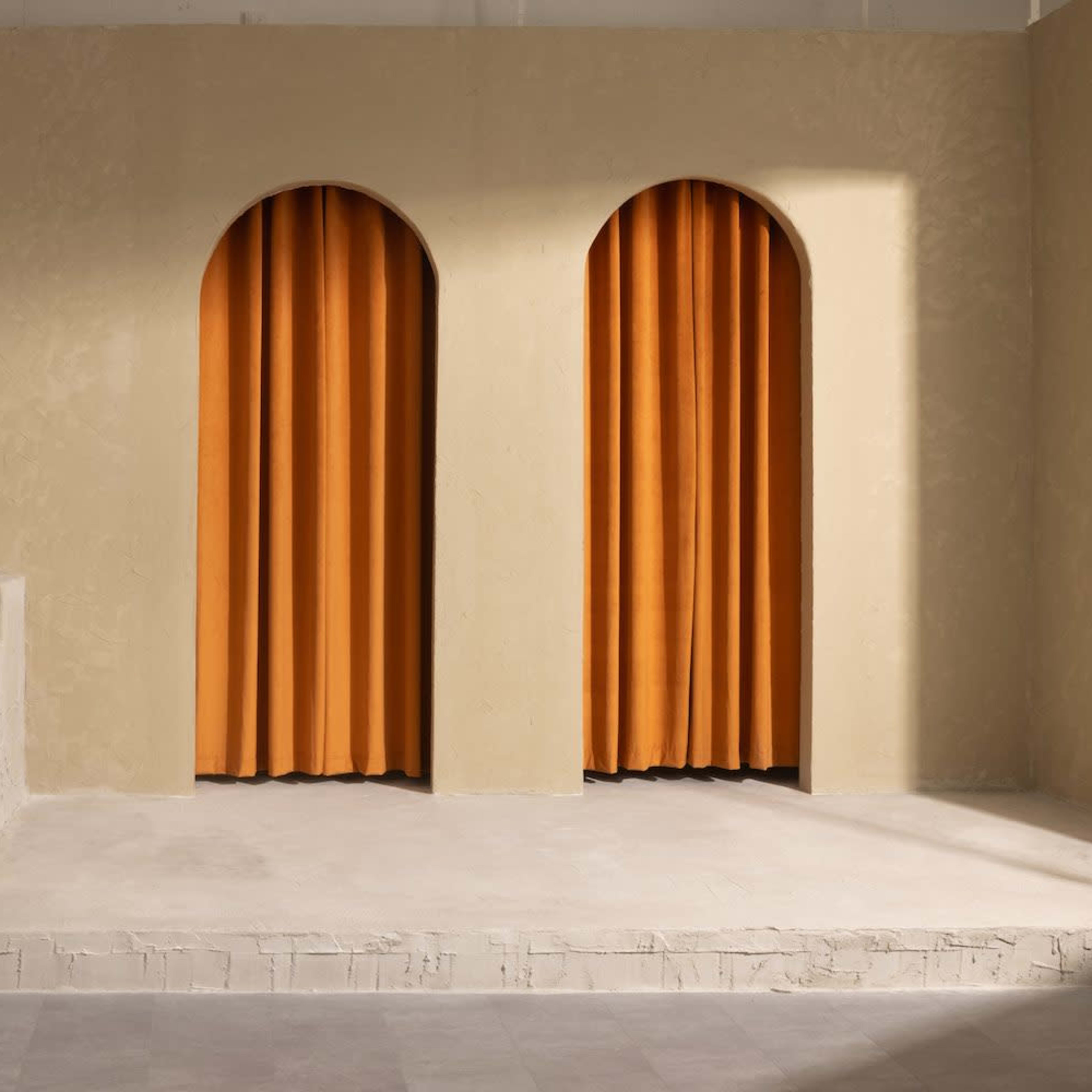 A minimalist interior featuring two arched openings with orange curtains, flanked by a set of stairs against a textured, neutral wall.
