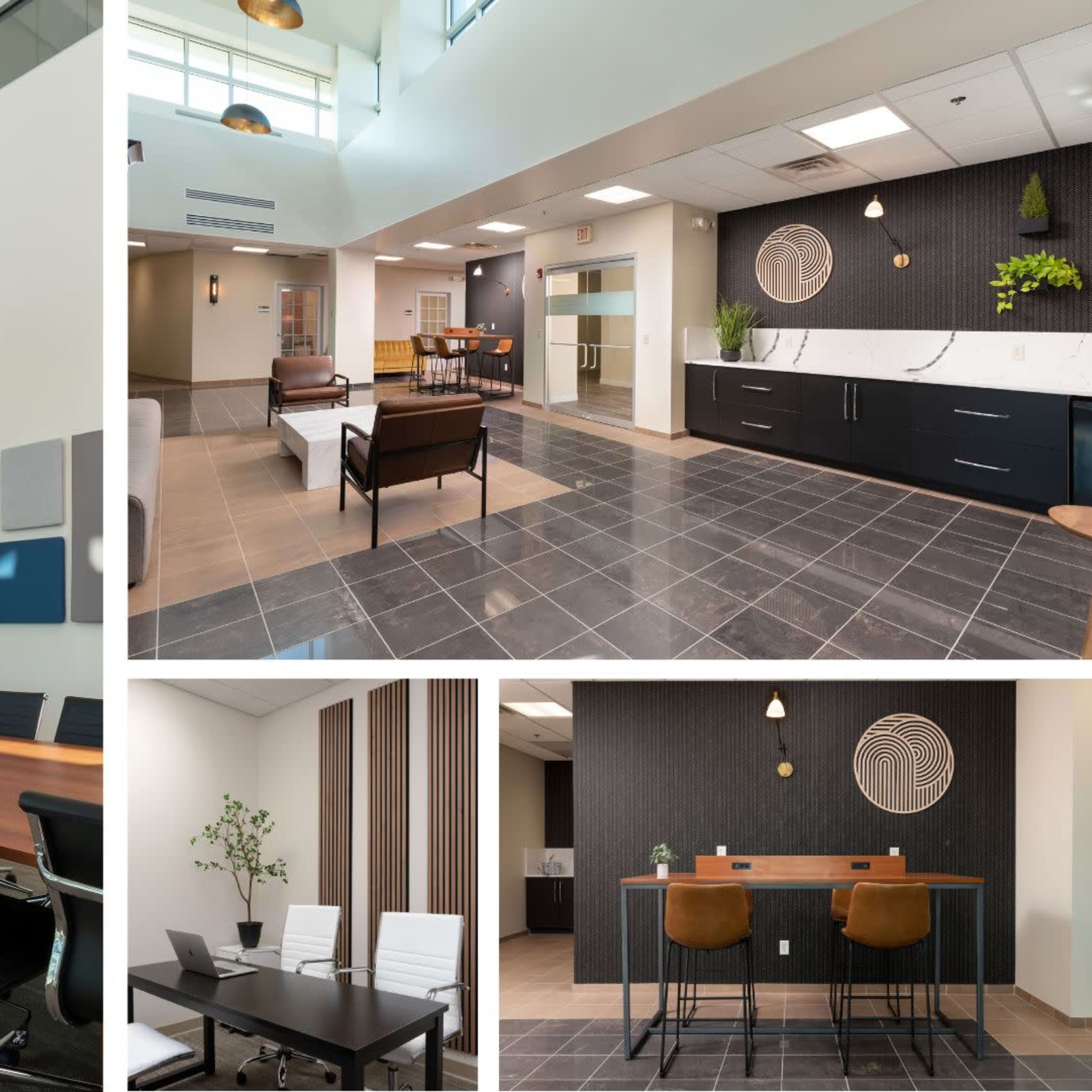 A modern office space featuring a conference room with a long table and chairs, a reception area with seating, and an adjacent workspace with desks and a kitchen-like counter.