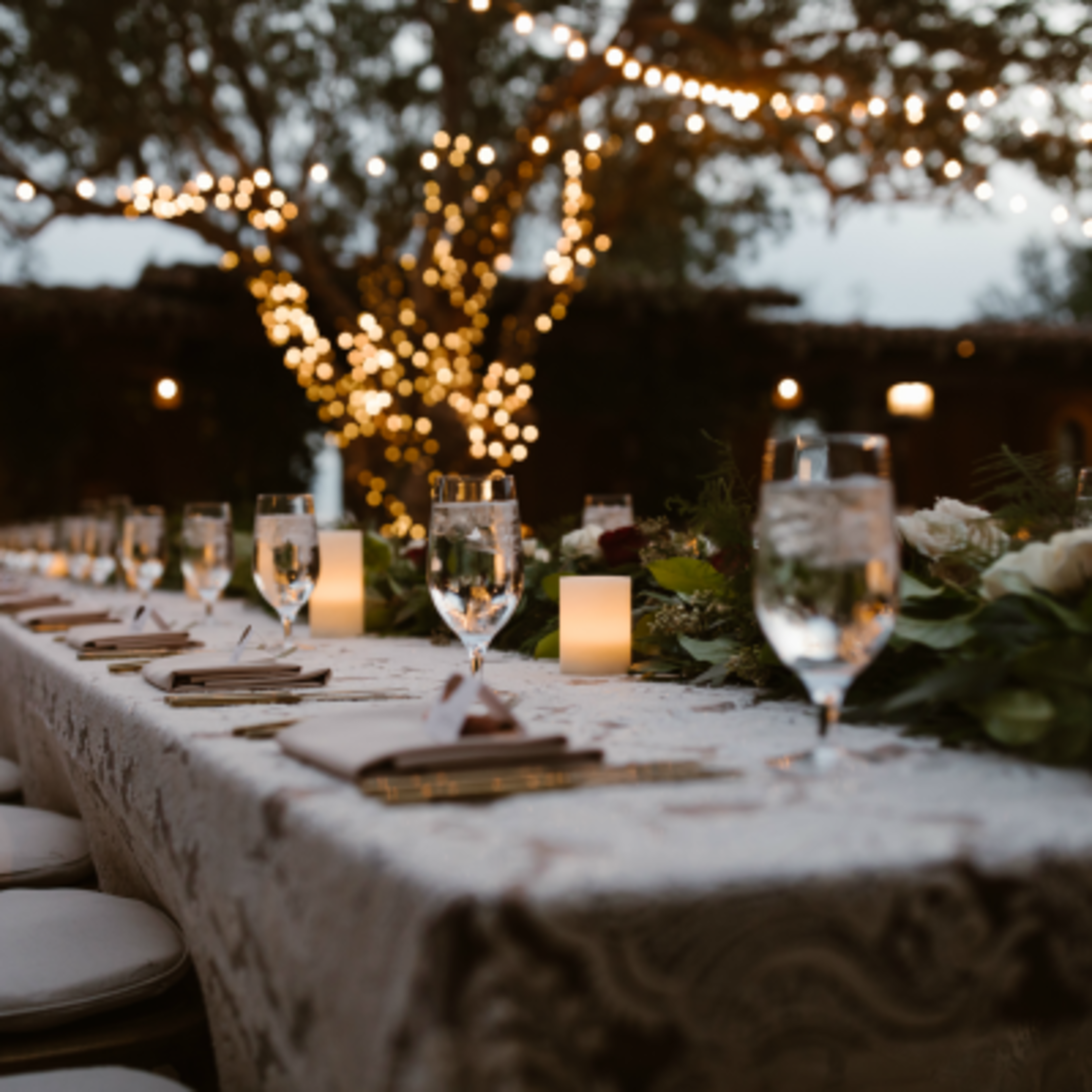 A long dining table is elegantly set outdoors, adorned with glasses of water, candles, and a floral centerpiece, with fairy lights strung overhead.