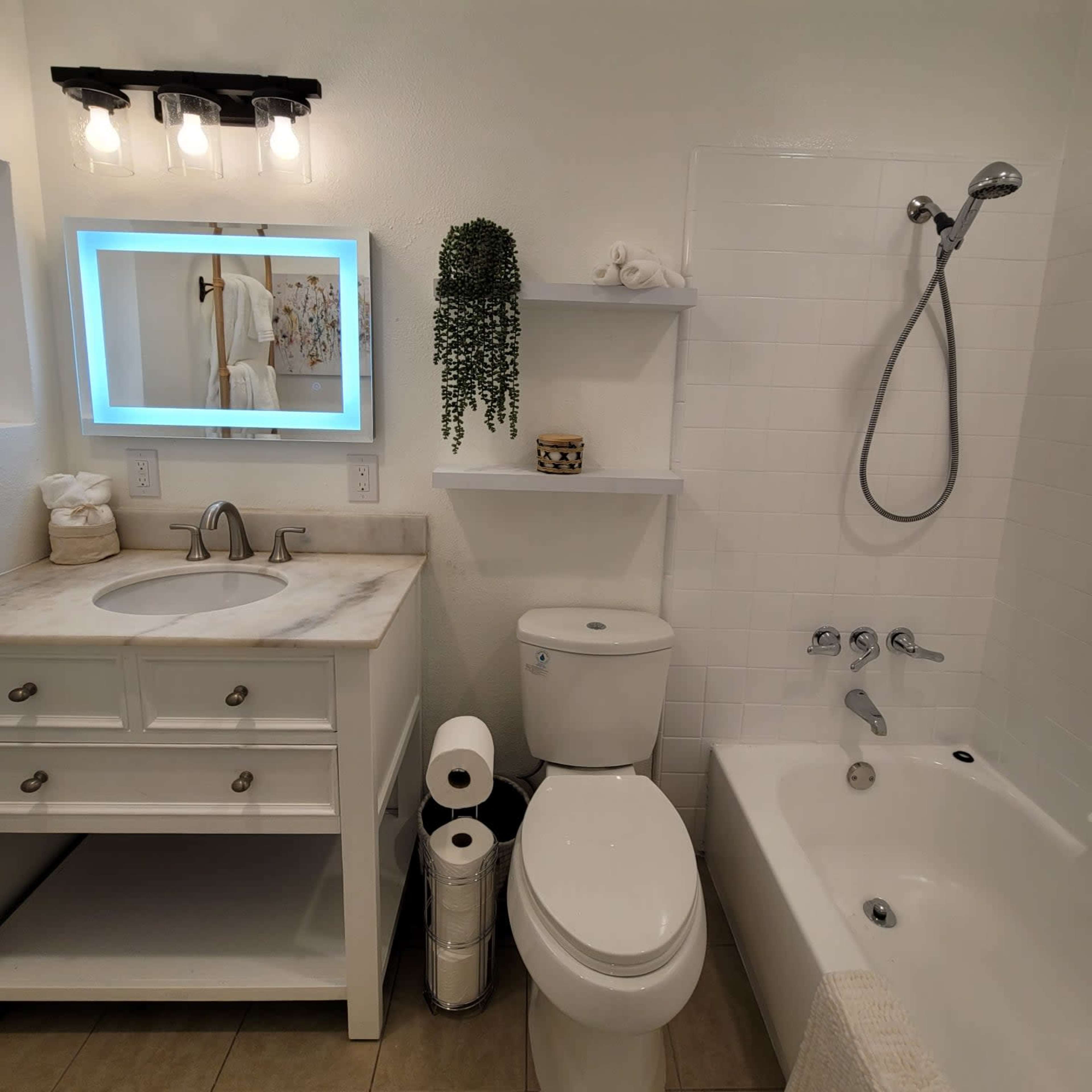 A clean bathroom featuring a sink with cabinetry, a mirror with backlighting, a toilet, a shower with a detachable head, and a bathtub.