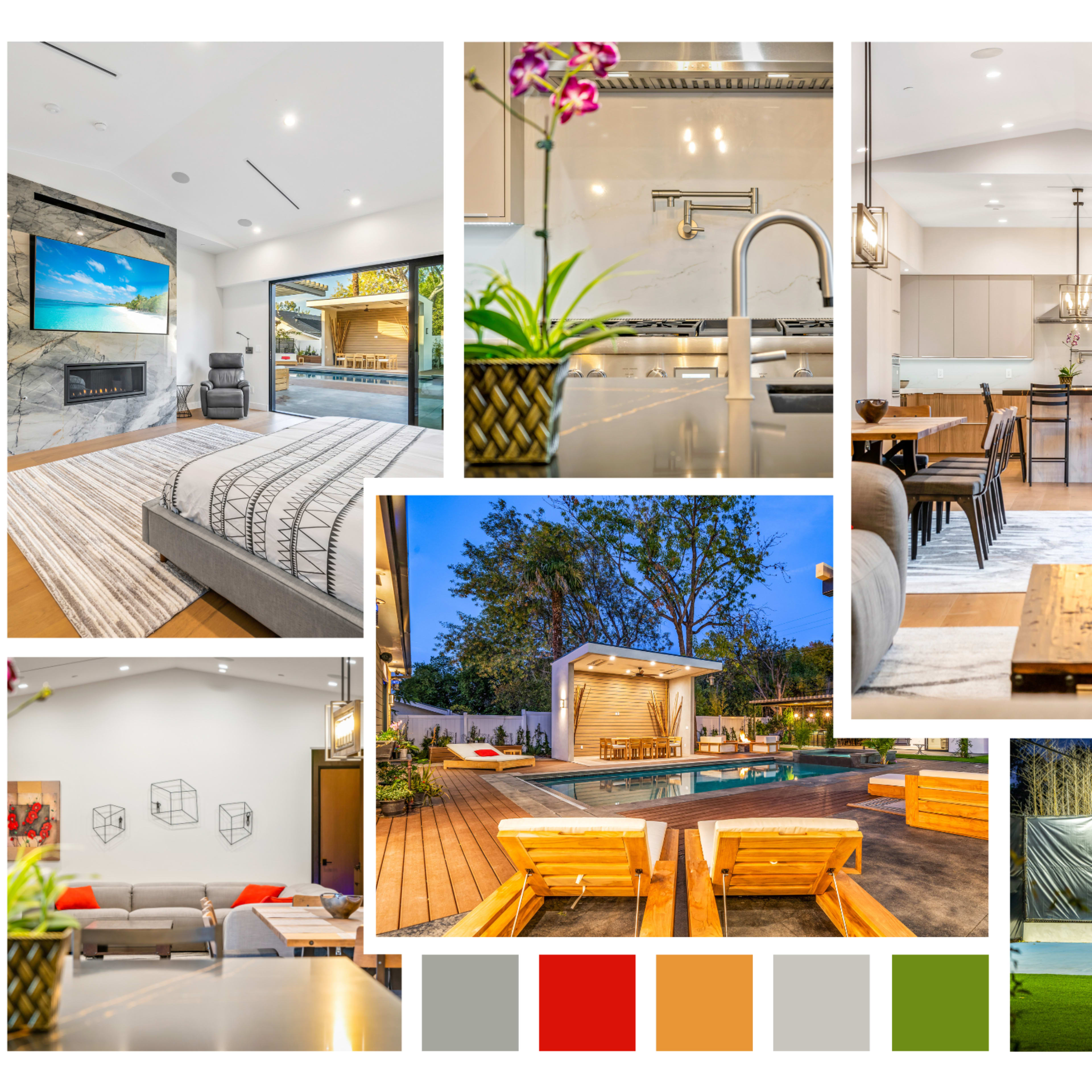 A modern home interior featuring a living area, kitchen, dining space, bedroom, and outdoor pool area.