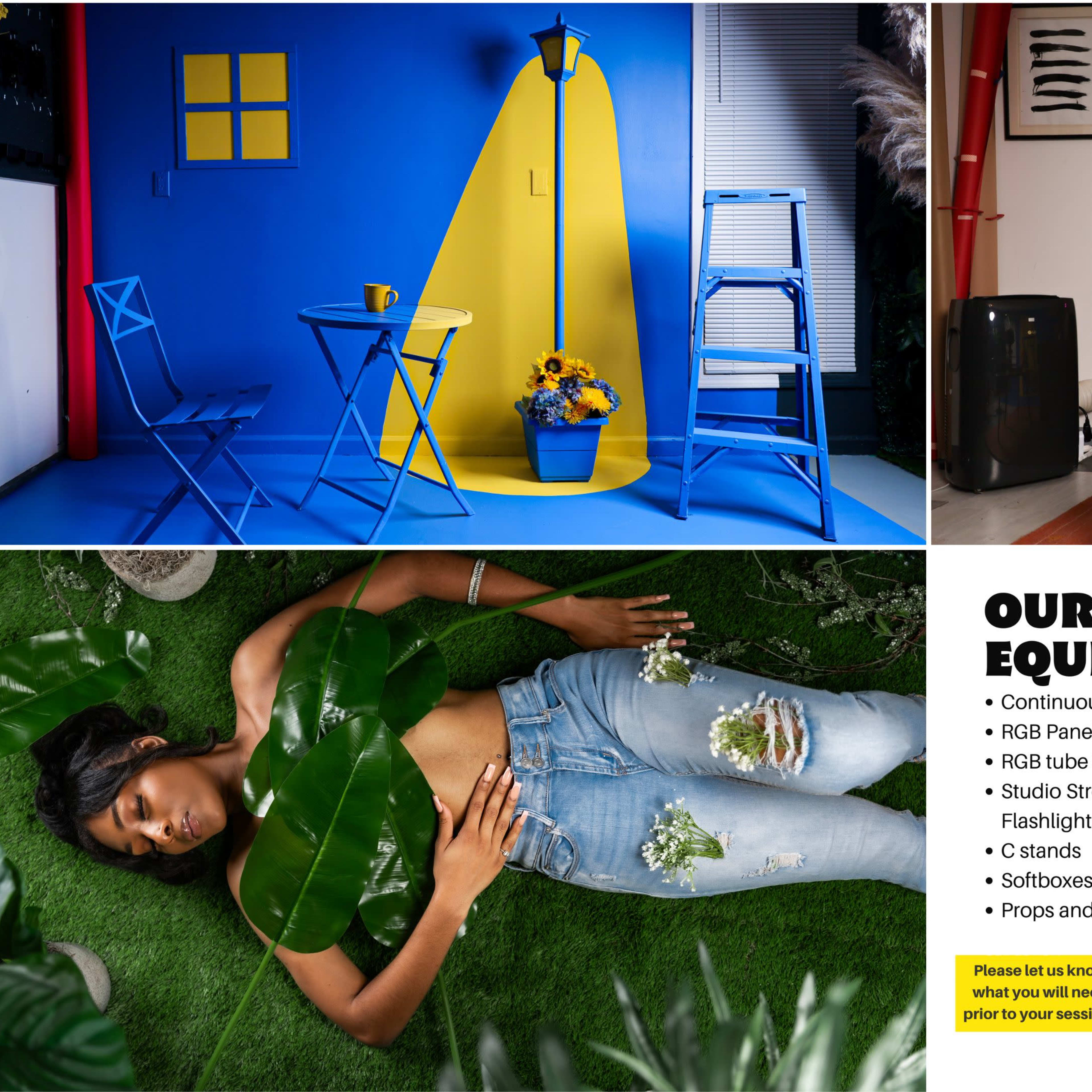 Two distinct sections: an indoor space with colorful furniture and decor, and a model lying on green foliage, accompanied by a visual display of photo equipment for rent.