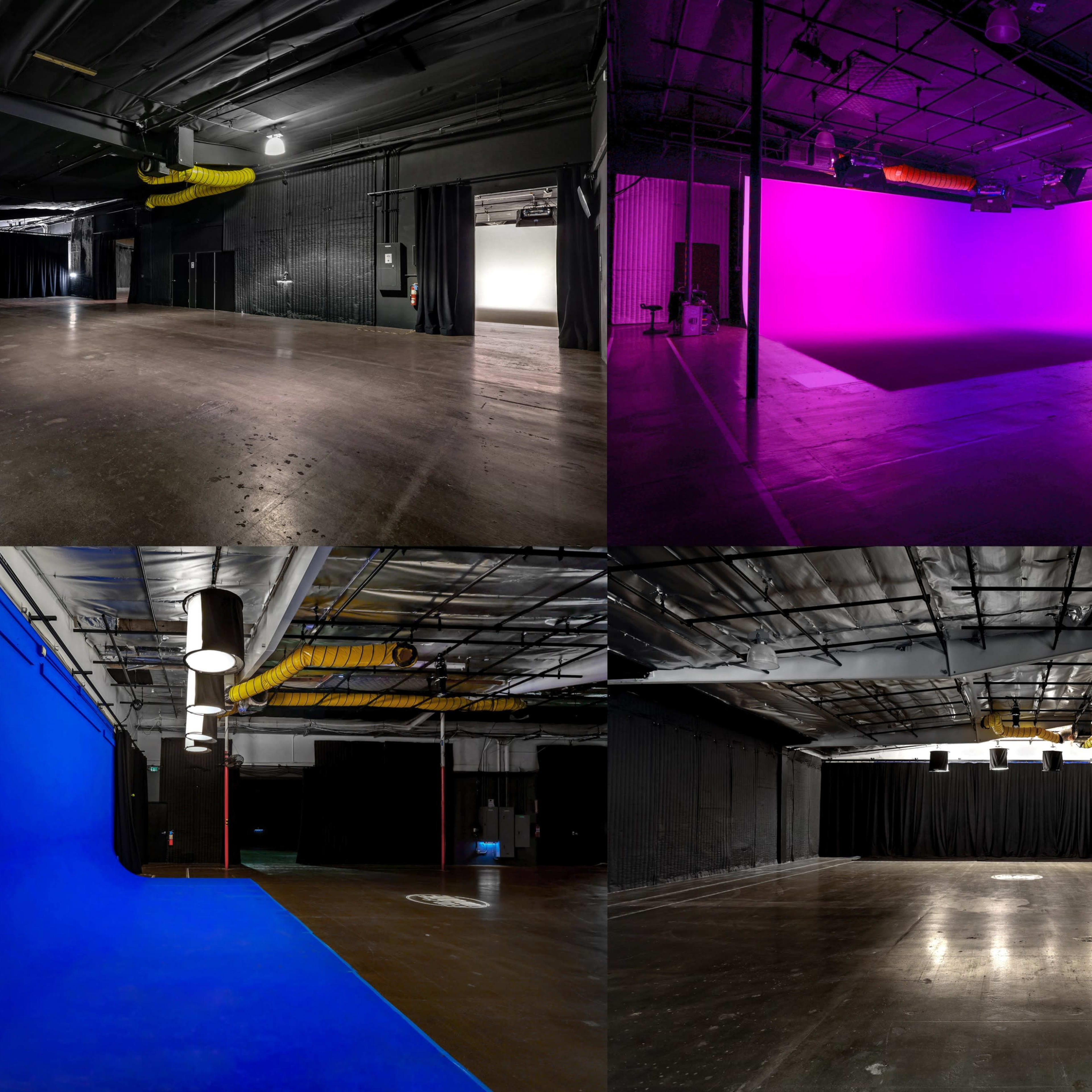 Four different studio spaces, each featuring distinct backdrop colors: one with a purple backdrop, another with a blue backdrop, and the remaining two with black curtains and a dimly lit floor.