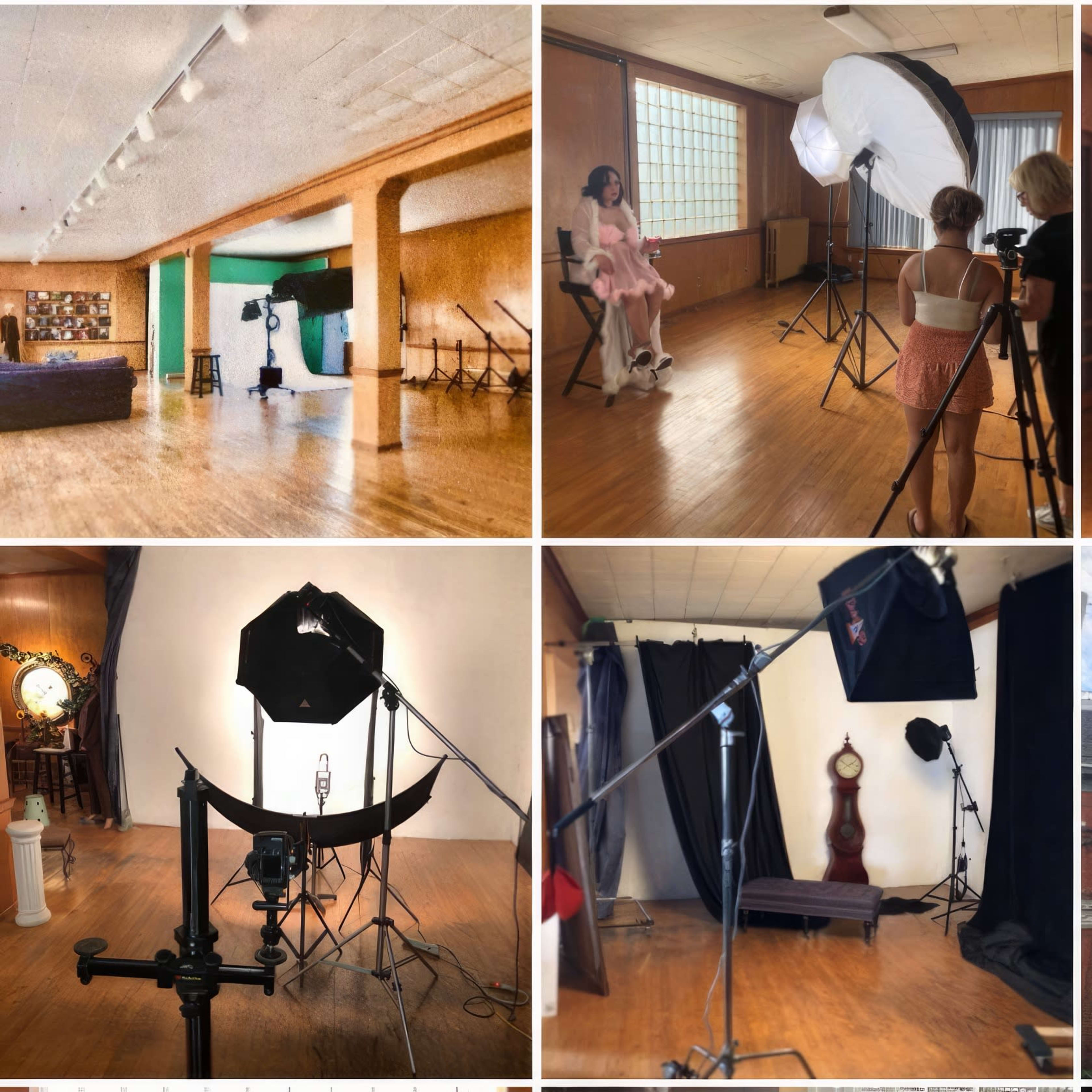 A photography studio with multiple setups, including backdrops, lighting equipment, and a model posing, all situated in a spacious room with wooden flooring and large windows.