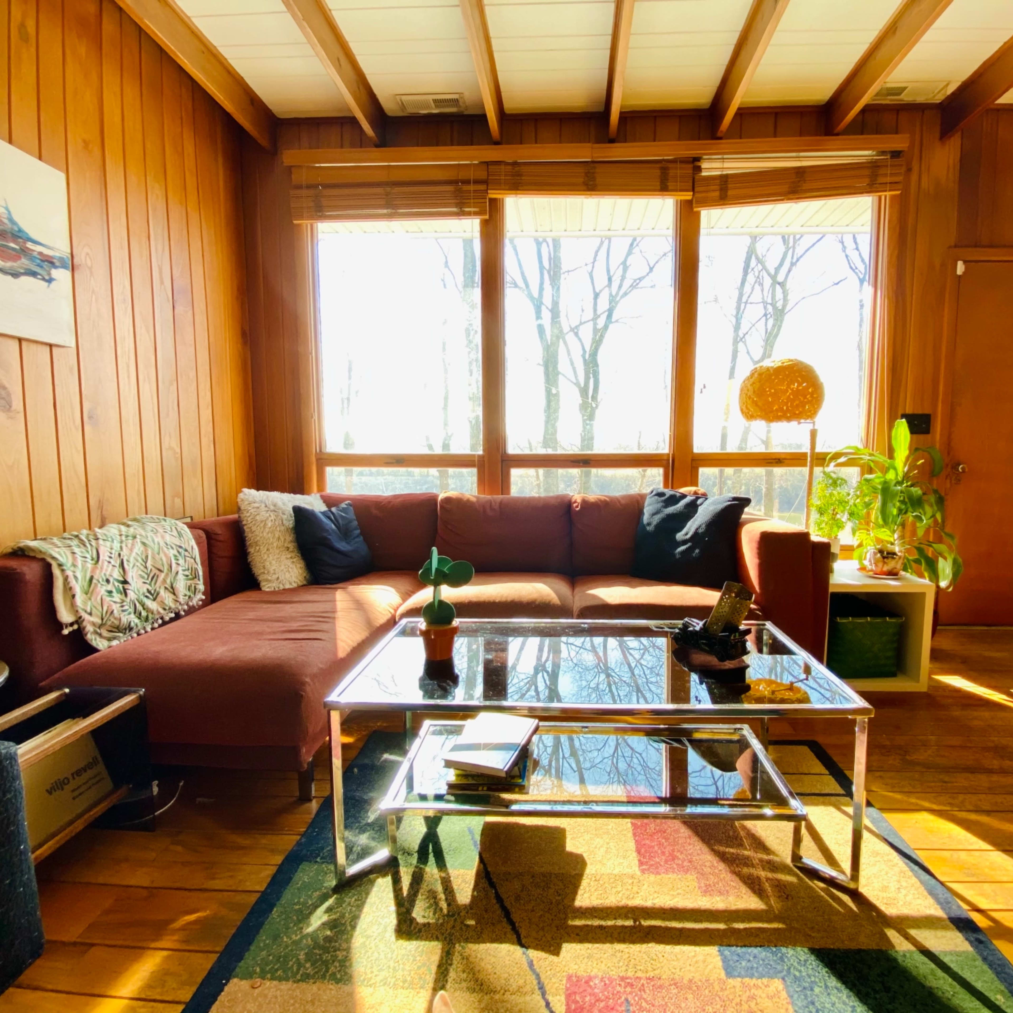 A cozy living room features a large brown couch, a glass coffee table, and sunlight streaming through windows with wooden walls and a colorful rug.