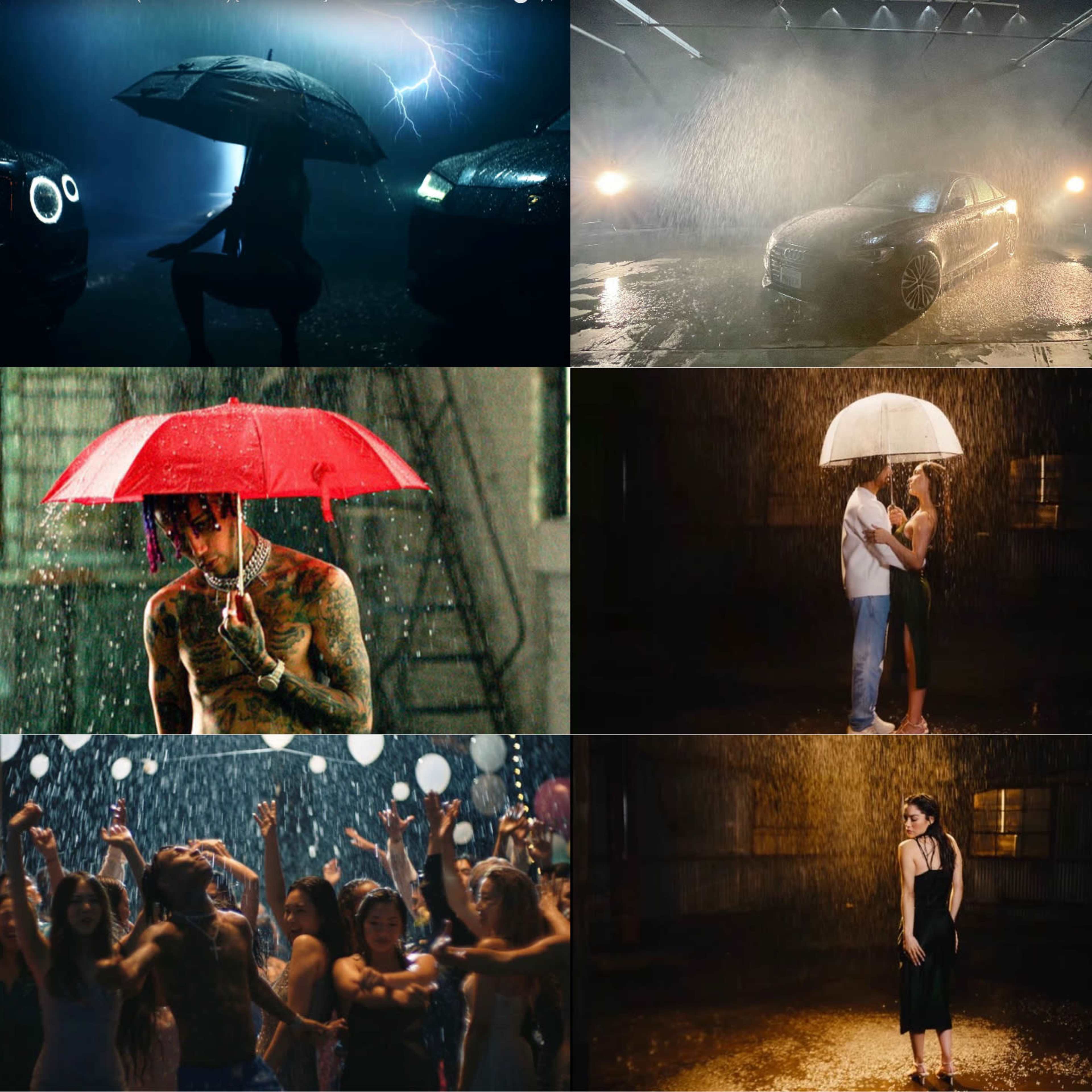 Various scenes of individuals and couples sheltering under umbrellas in heavy rain, amidst dramatic lighting and diverse settings.