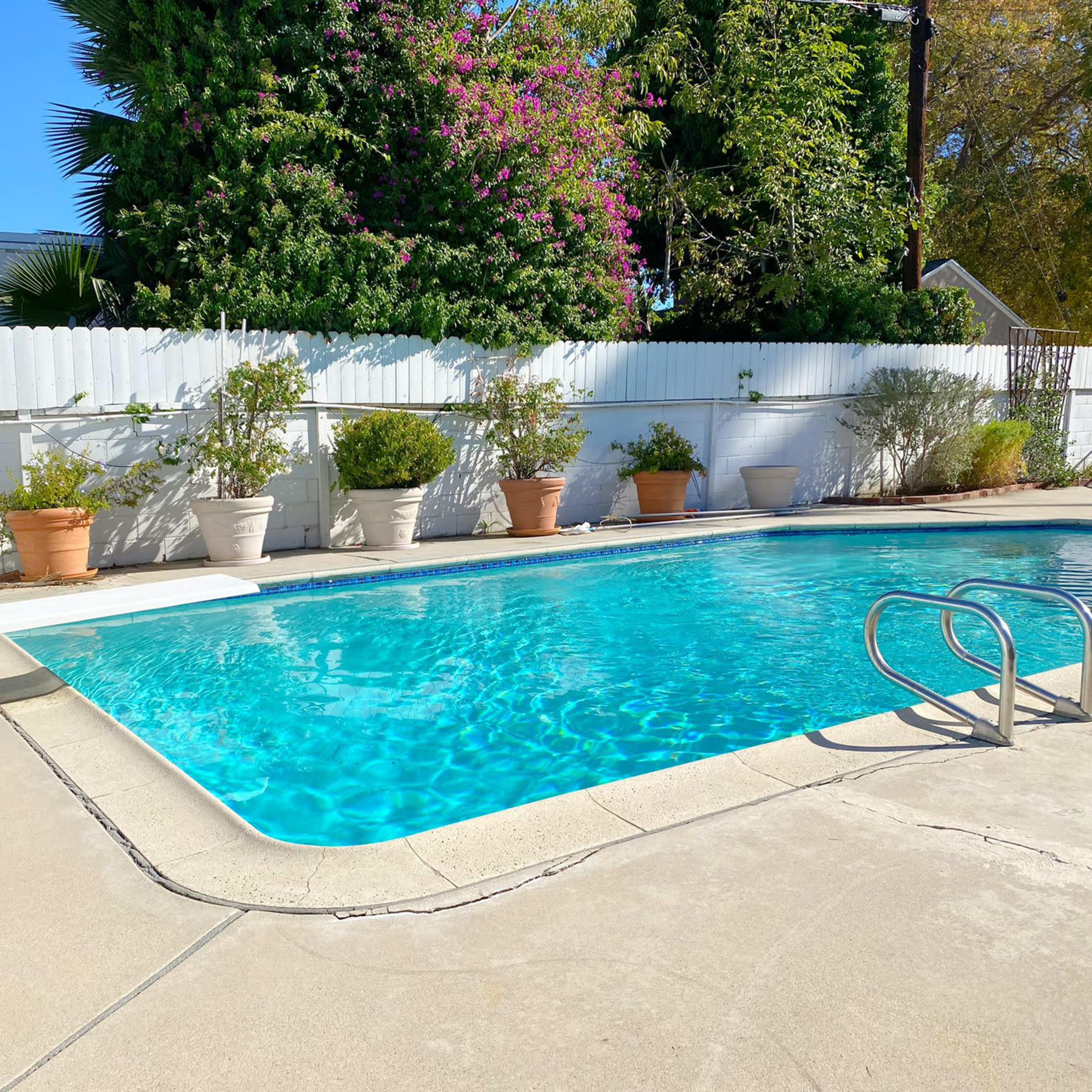 A rectangular swimming pool is surrounded by potted plants and a white wooden fence under a clear blue sky.