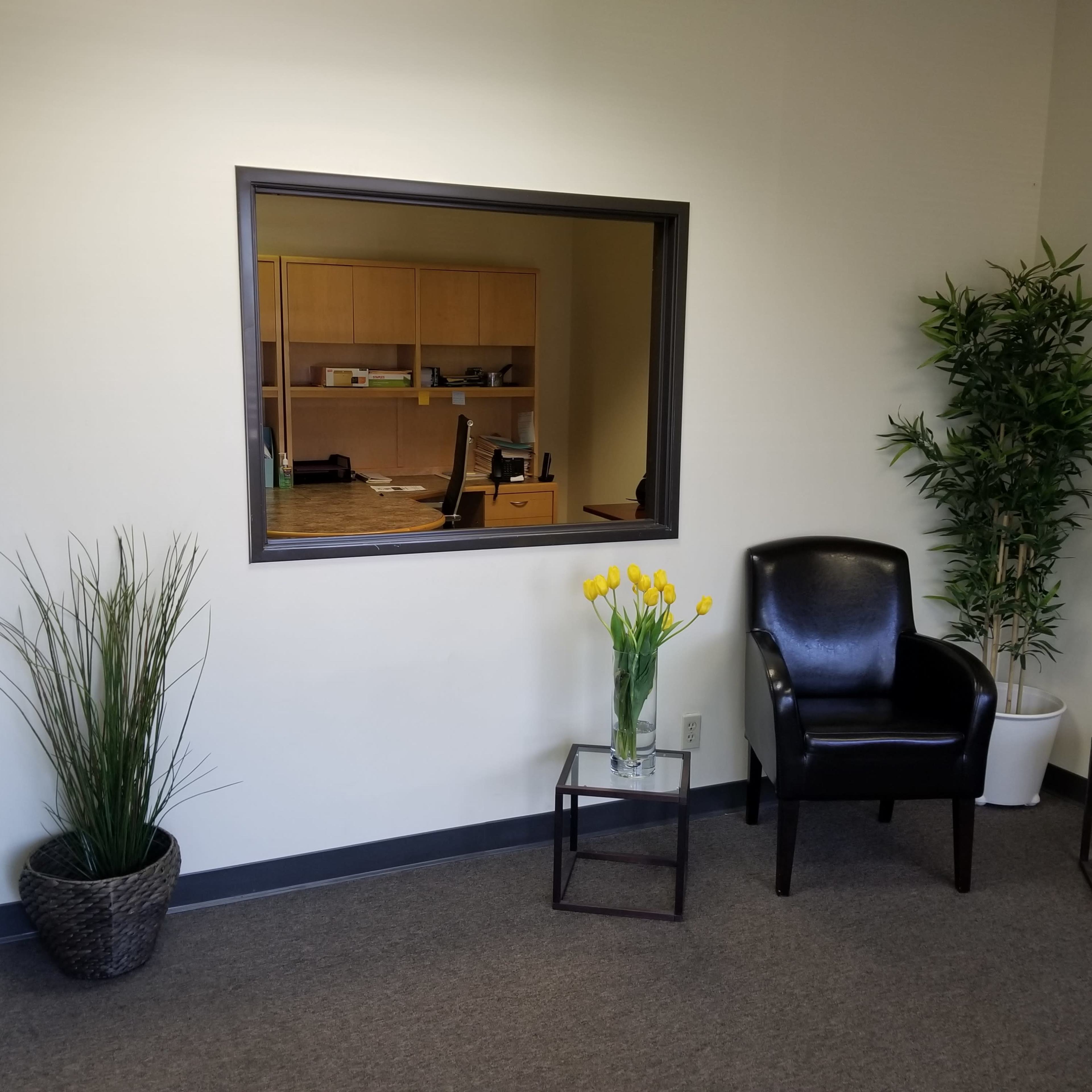 A waiting area features two black chairs, a small side table, potted plants, and a large window revealing an office behind it.