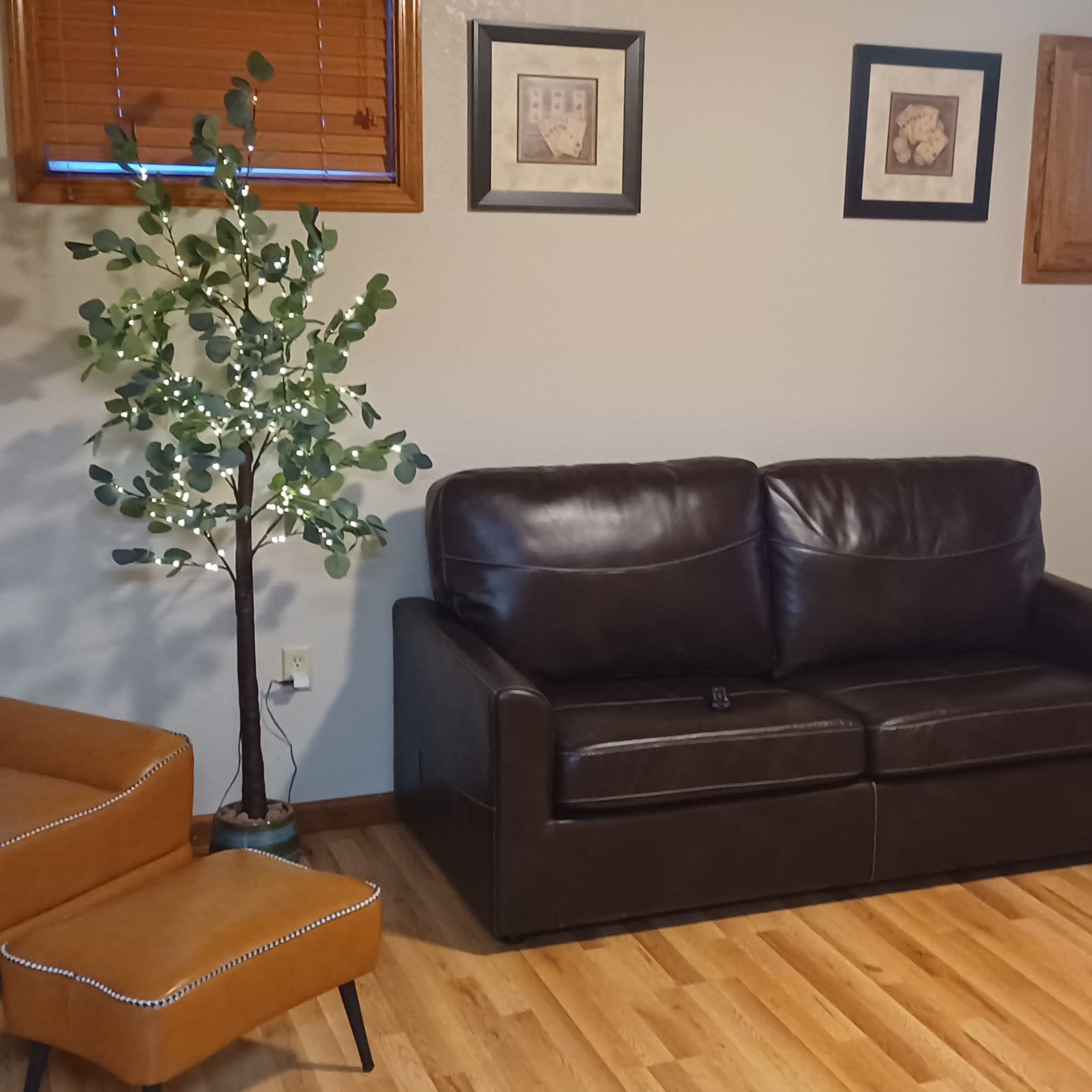 A living room with a brown leather sofa, a tan armchair with an ottoman, and a decorative plant next to framed artwork on the wall.
