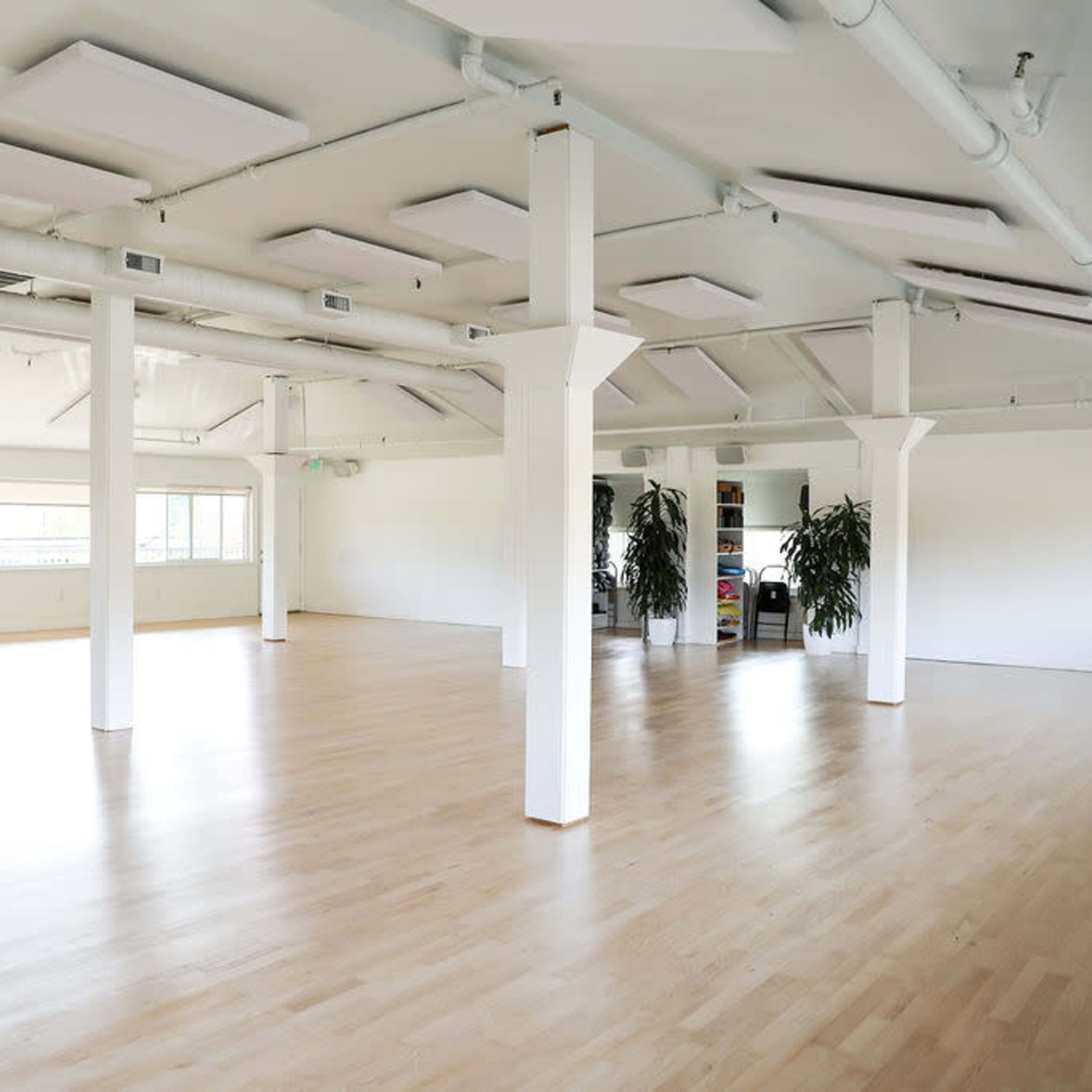 A large, empty studio space with white walls, wooden flooring, and several columns.